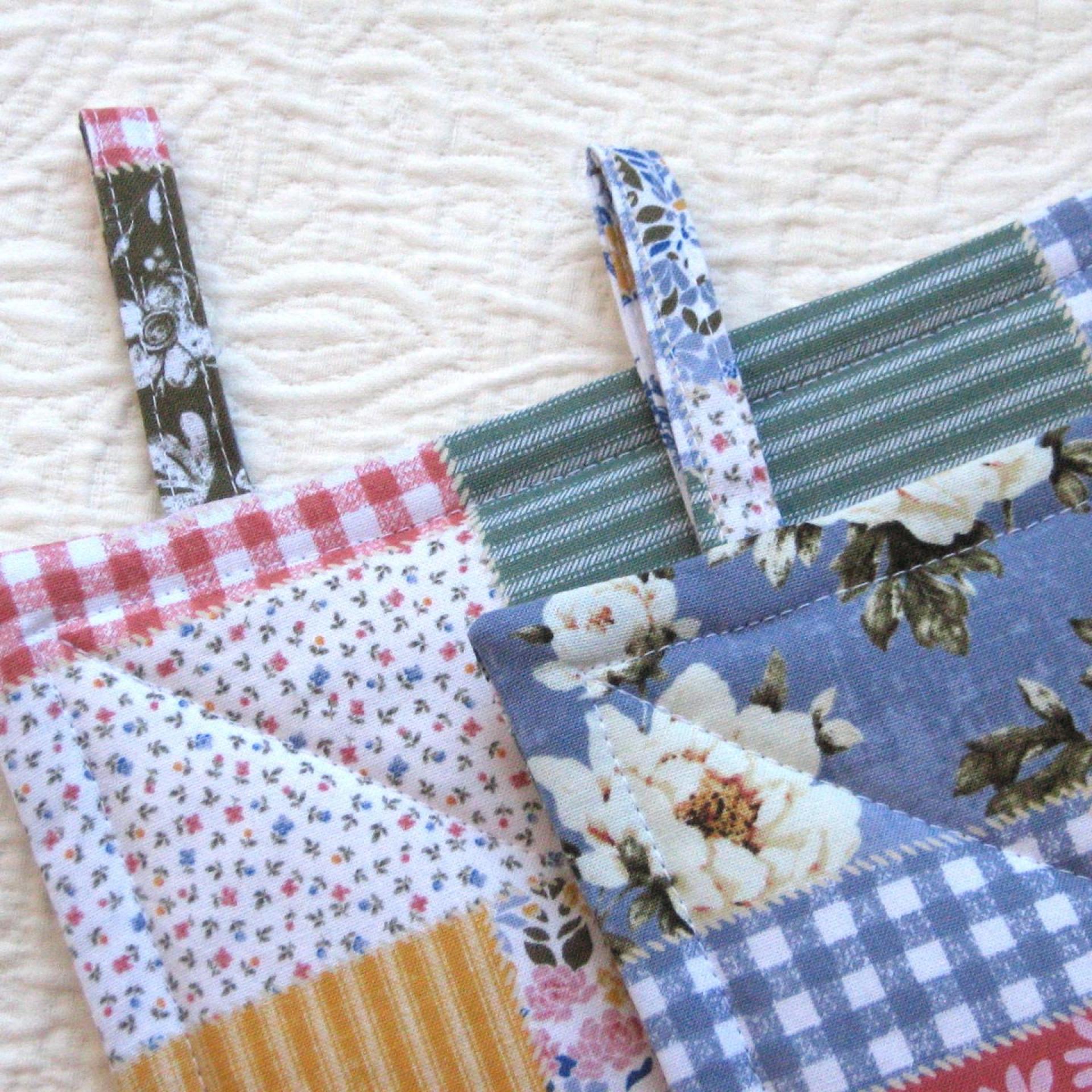 Faux Patchwork Potholders in Blue, Pink, White, Spring and Summer Kitchen Décor, Quilted Hot Pads, Handmade Mother's Day or Quilter's Gift