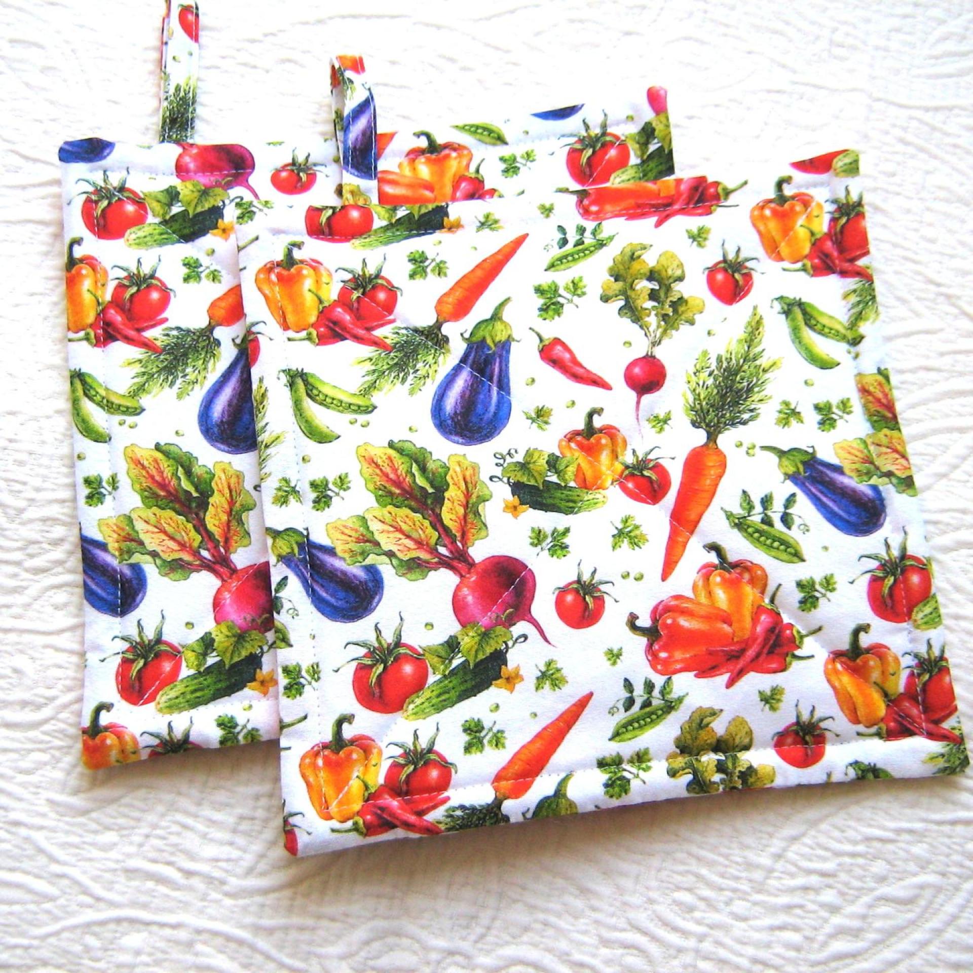 Spring Veggie Potholders, Tomatoes, Carrots, Beets, Green, Red, Purple, Orange on a White Background, Gift for Gardener, USA Handmade Hot Pads 