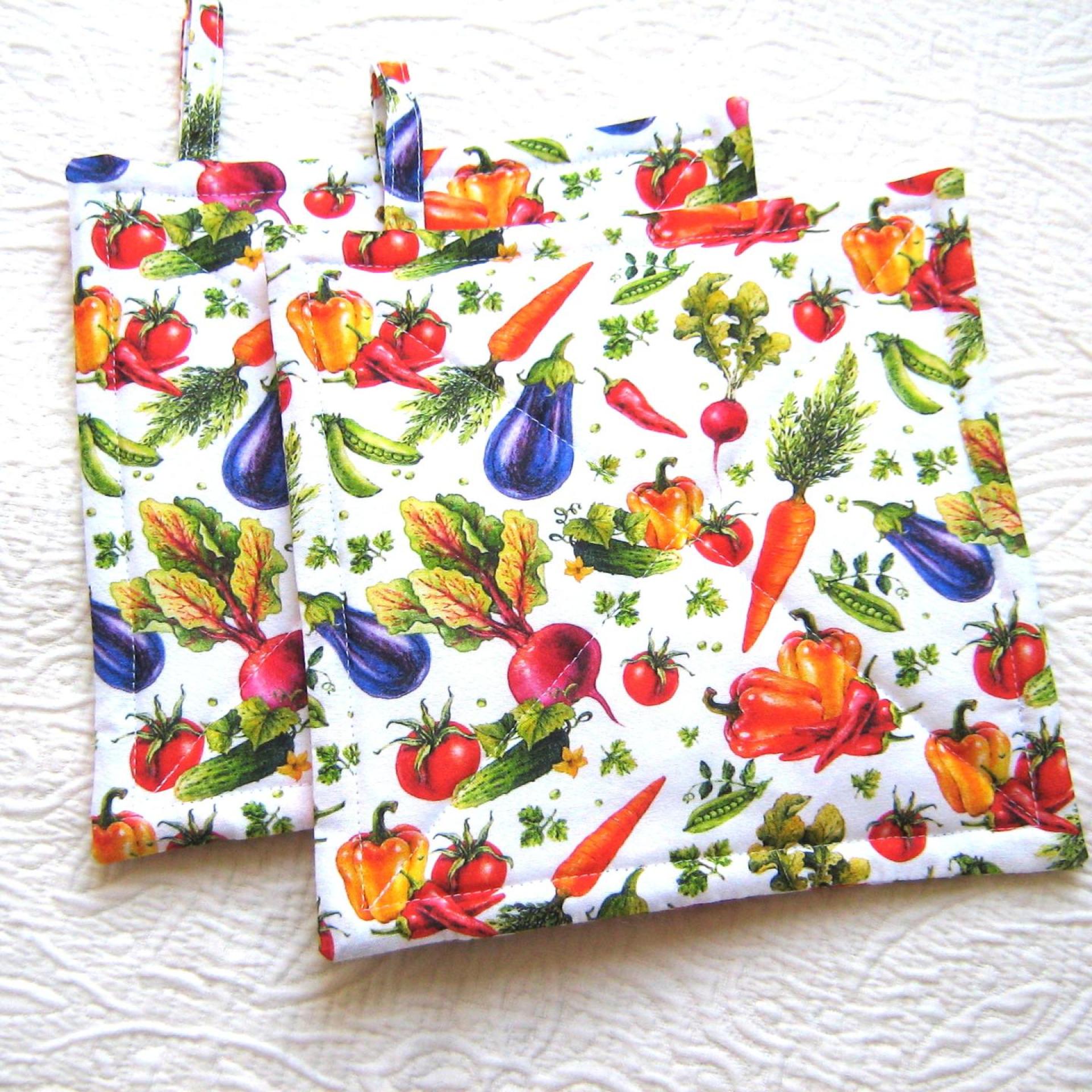 Spring Veggie Potholders, Tomatoes, Carrots, Beets, Green, Red, Purple, Orange on a White Background, Gift for Gardener, USA Handmade Hot Pads 