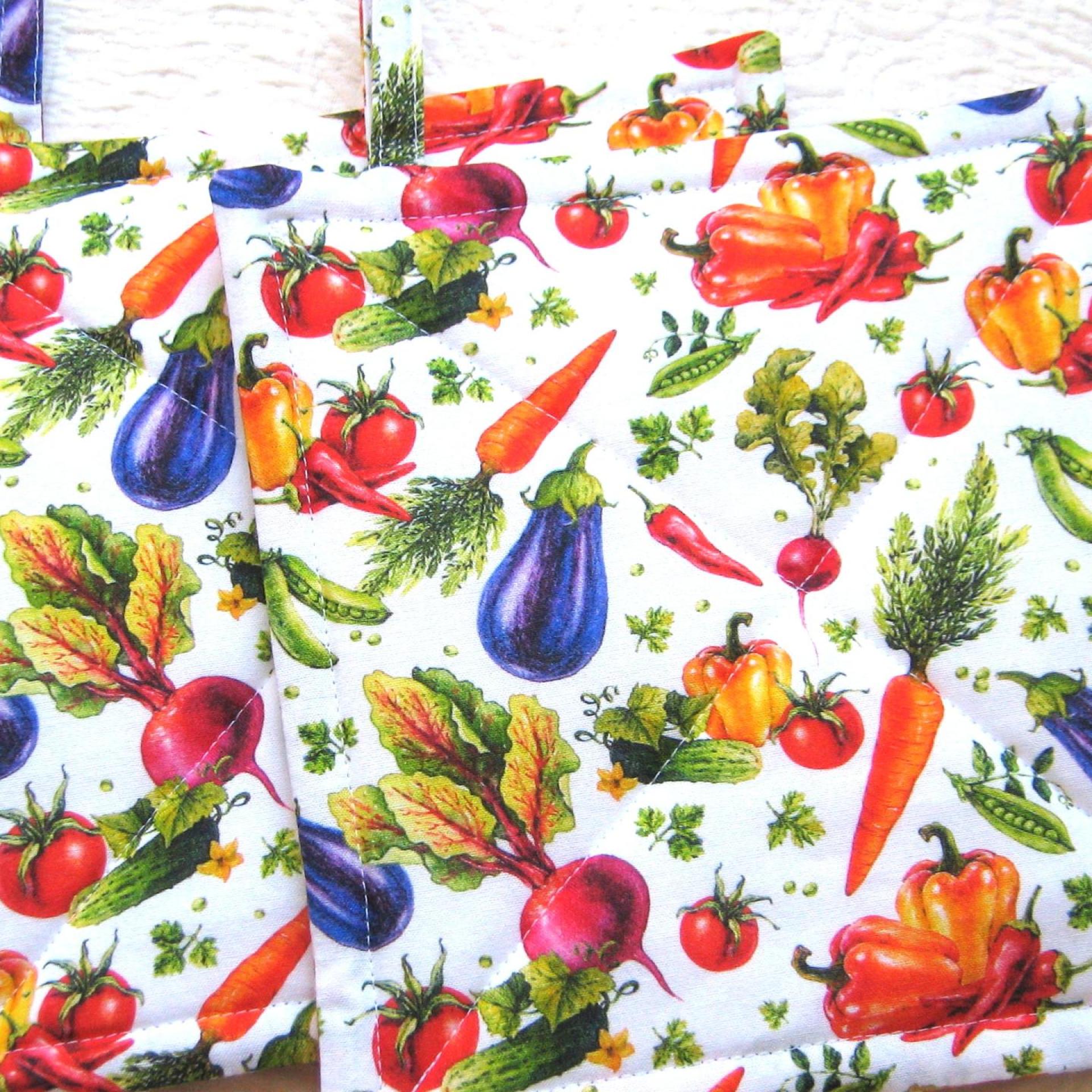 Spring Veggie Potholders, Tomatoes, Carrots, Beets, Green, Red, Purple, Orange on a White Background, Gift for Gardener, USA Handmade Hot Pads 