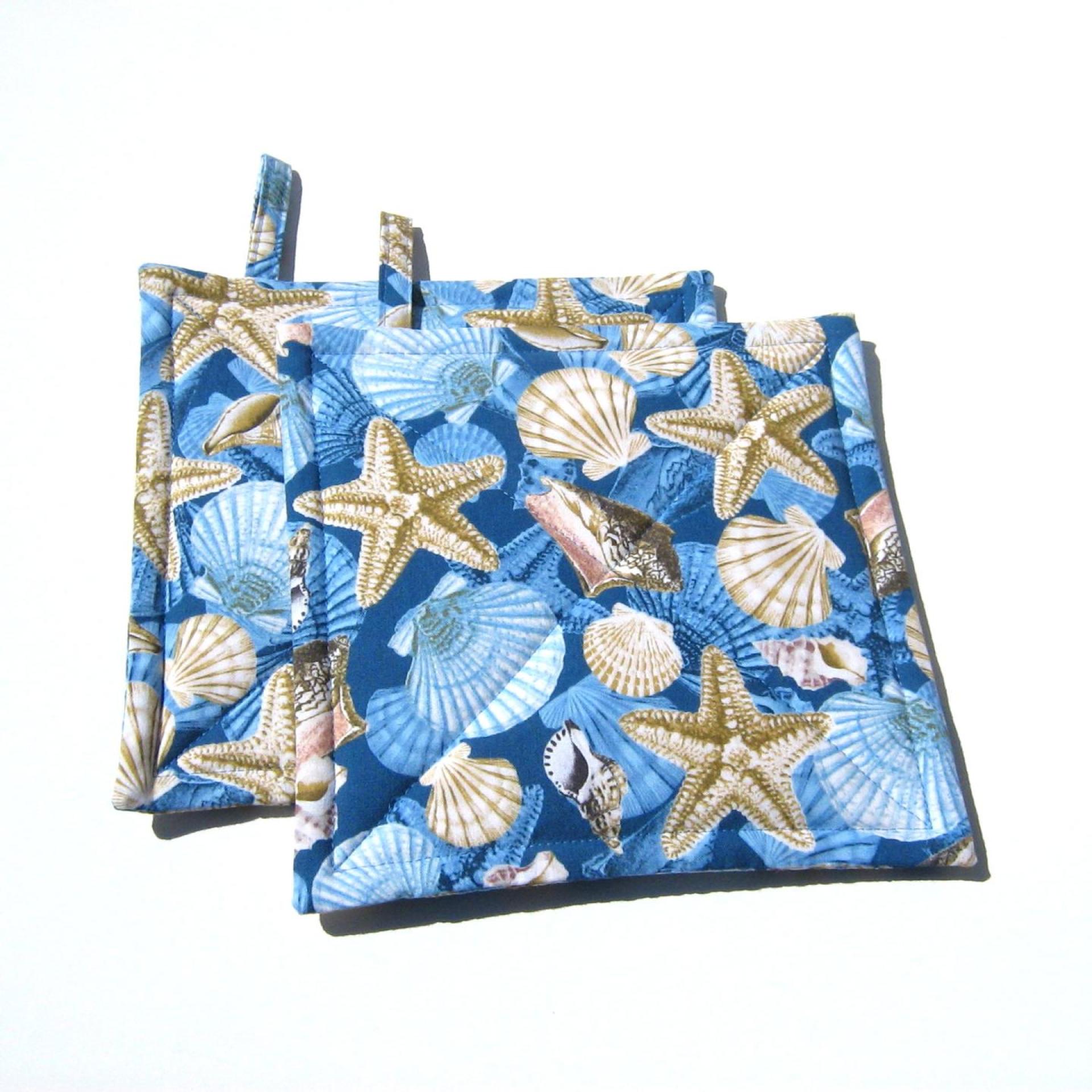 Seashell and Starfish Potholders in Blue and Tan, Quilted Hot Pads, Beach House Kitchen Décor, USA Handmade Gift