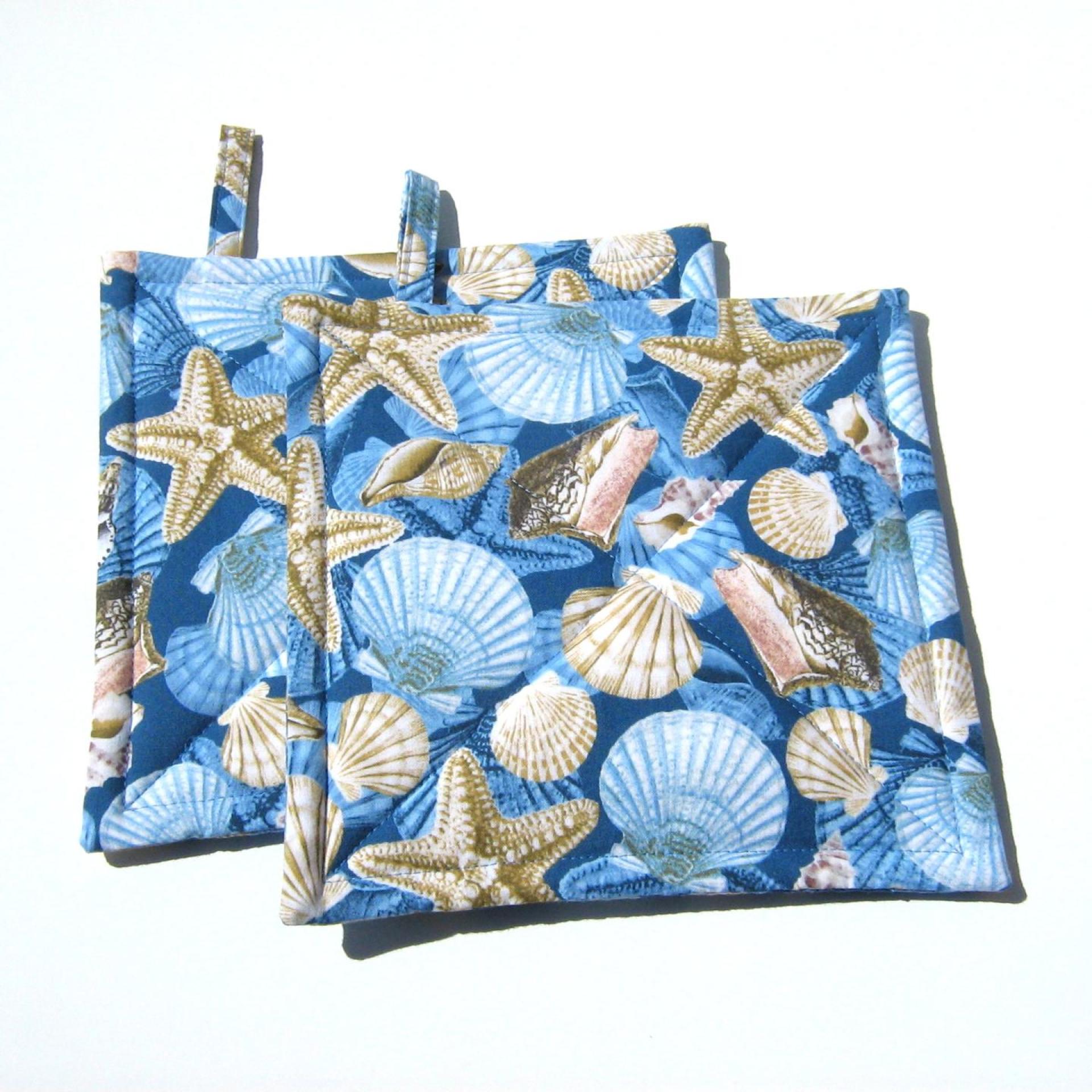 Seashell and Starfish Potholders in Blue and Tan, Quilted Hot Pads, Beach House Kitchen Décor, USA Handmade Gift