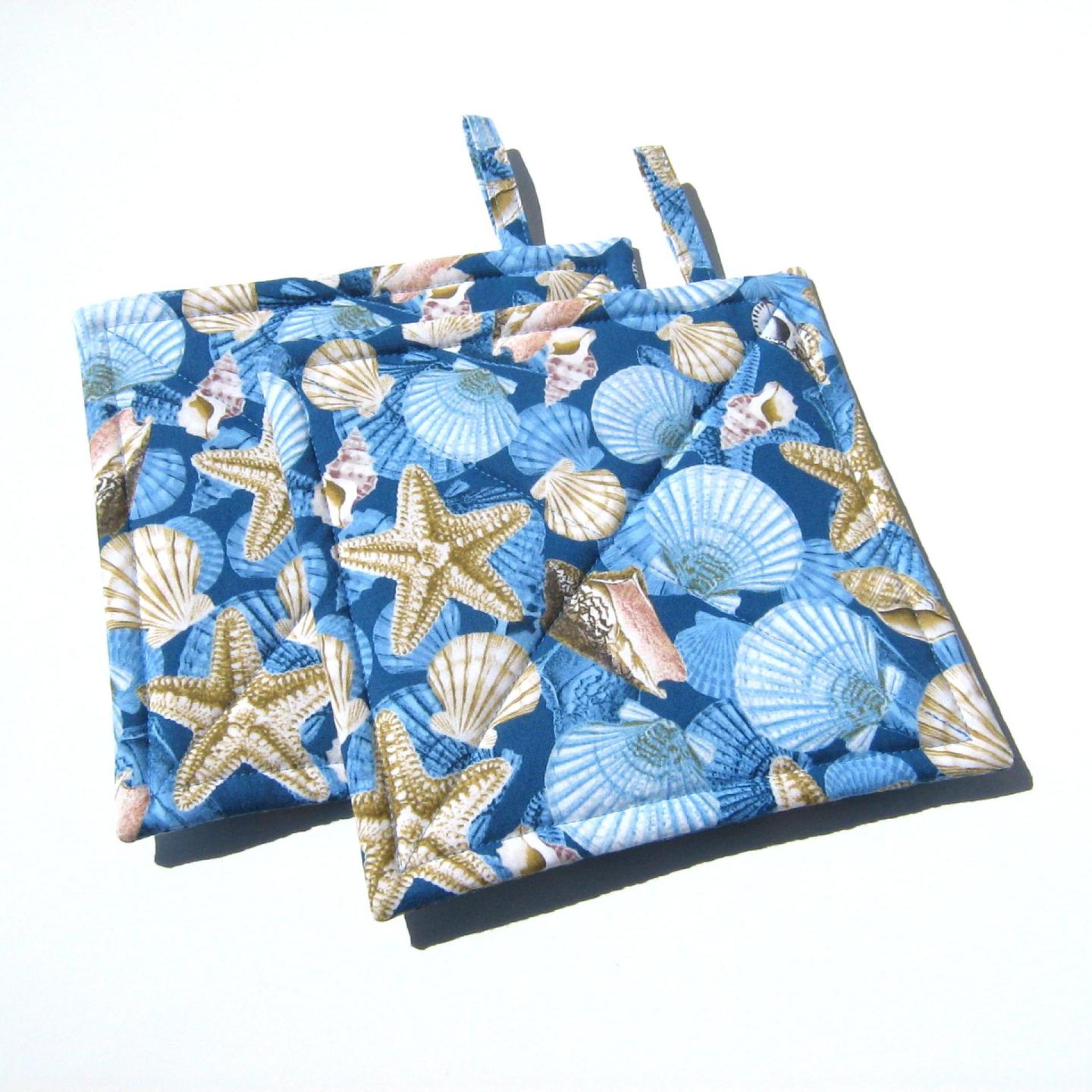 Seashell and Starfish Potholders in Blue and Tan, Quilted Hot Pads, Beach House Kitchen Décor, USA Handmade Gift