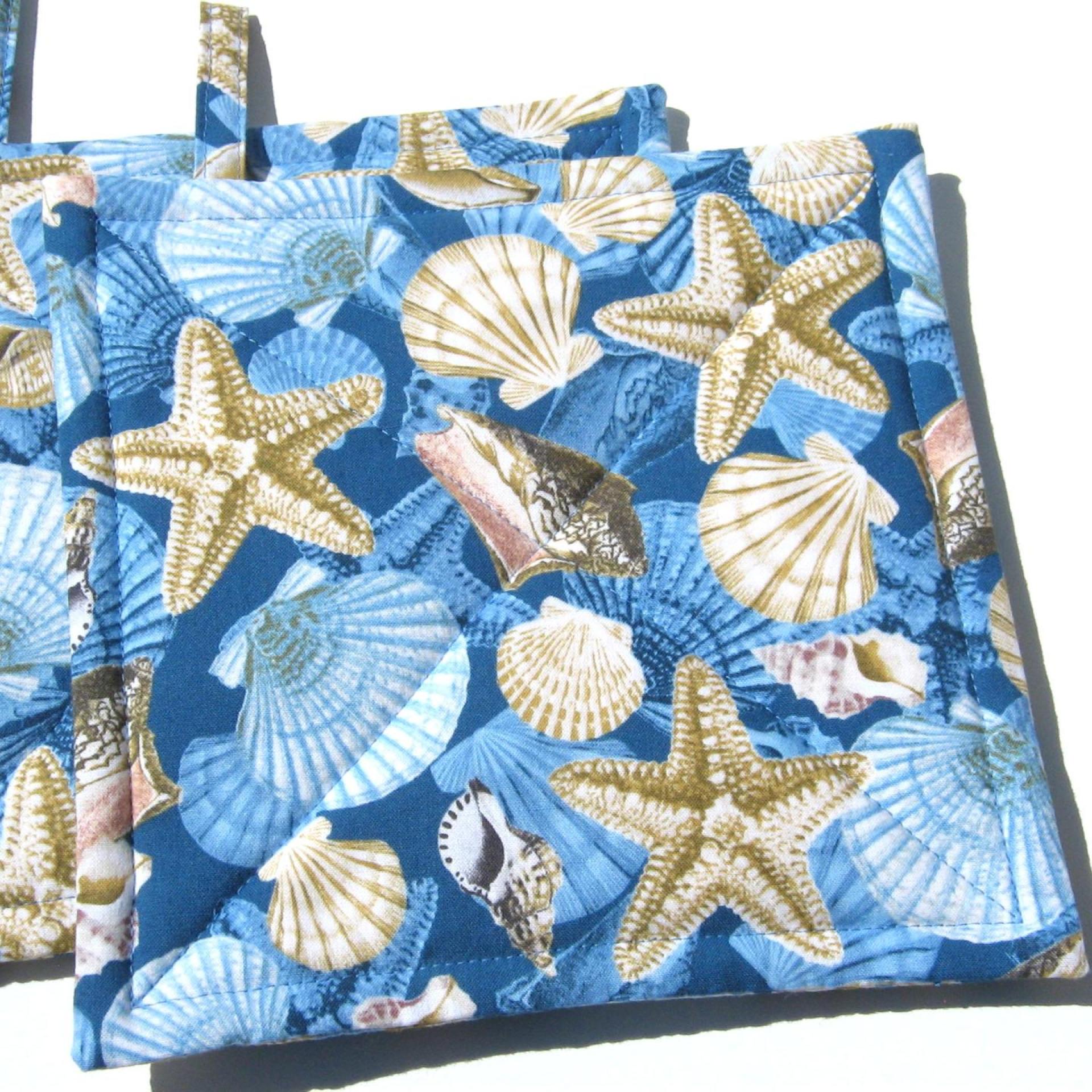 Seashell and Starfish Potholders in Blue and Tan, Quilted Hot Pads, Beach House Kitchen Décor, USA Handmade Gift