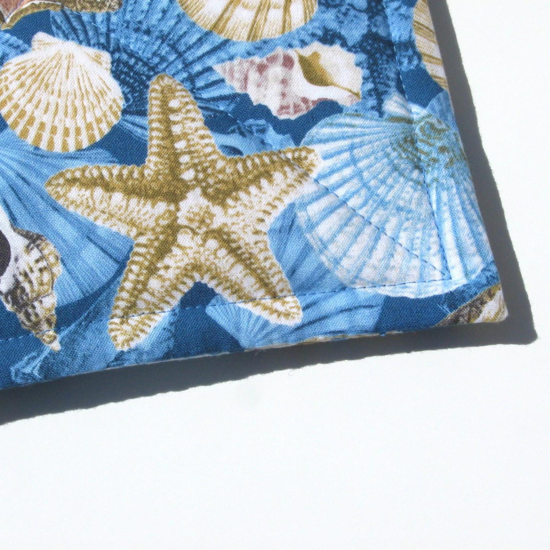 Seashell and Starfish Potholders in Blue and Tan, Quilted Hot Pads, Beach House Kitchen Décor, USA Handmade Gift