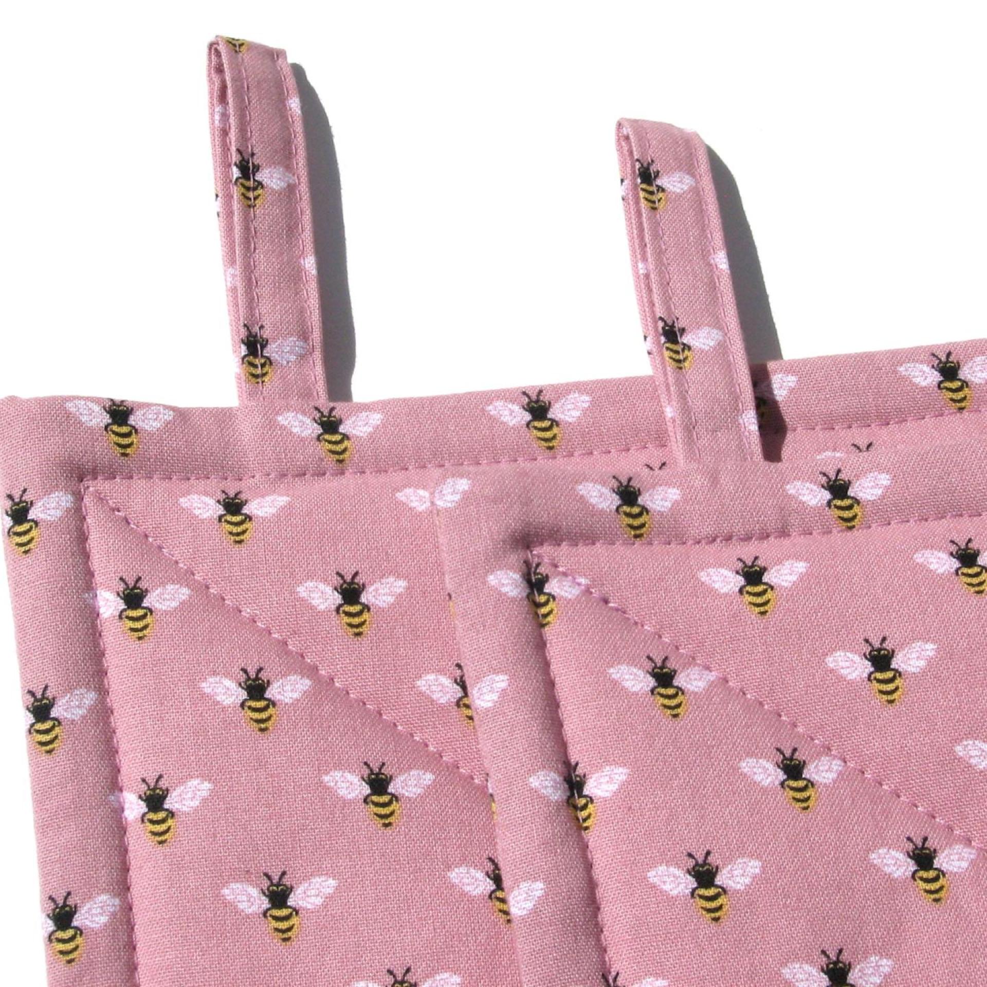 Potholders with Bees on a Dusty Pink Background, Quilted Handmade Hot Pads, Mother's Day or Beekeeper Gift 