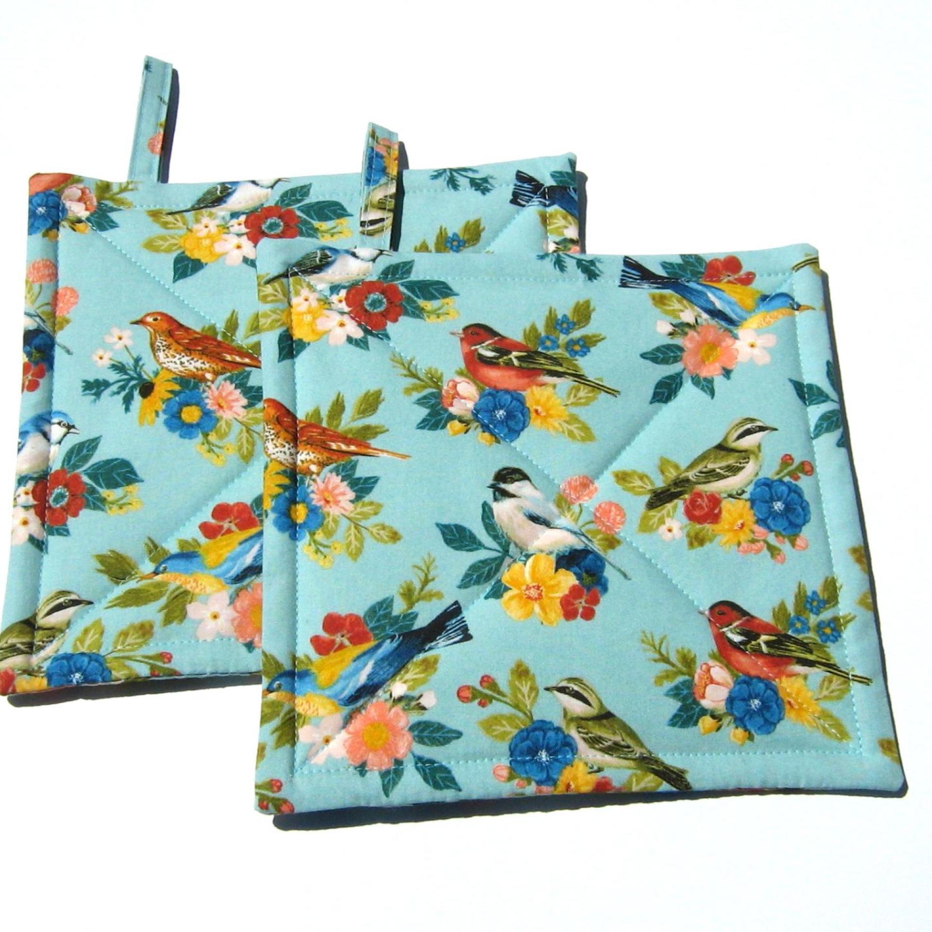 Summer Birds Potholders, Colorful Birds and Bunches of Flowers, Quilted Hot Pads, USA Made Housewarming, Hostess Gift