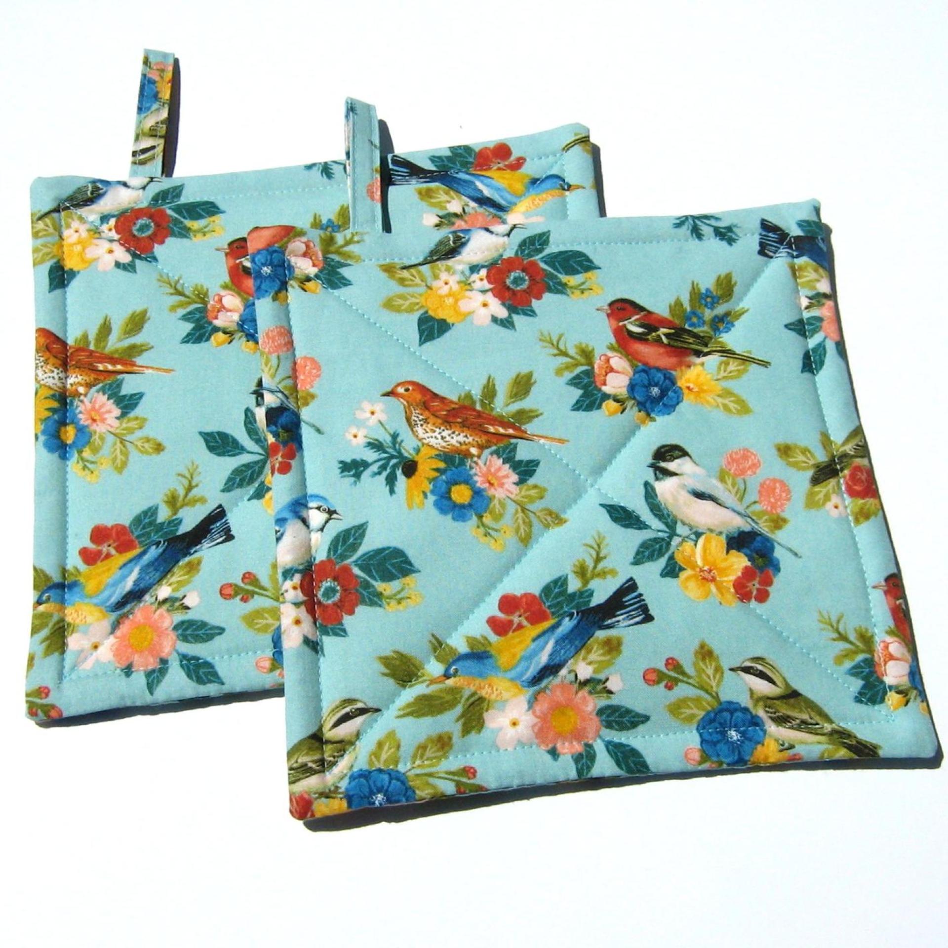 Summer Birds Potholders, Colorful Birds and Bunches of Flowers, Quilted Hot Pads, USA Made Housewarming, Hostess Gift