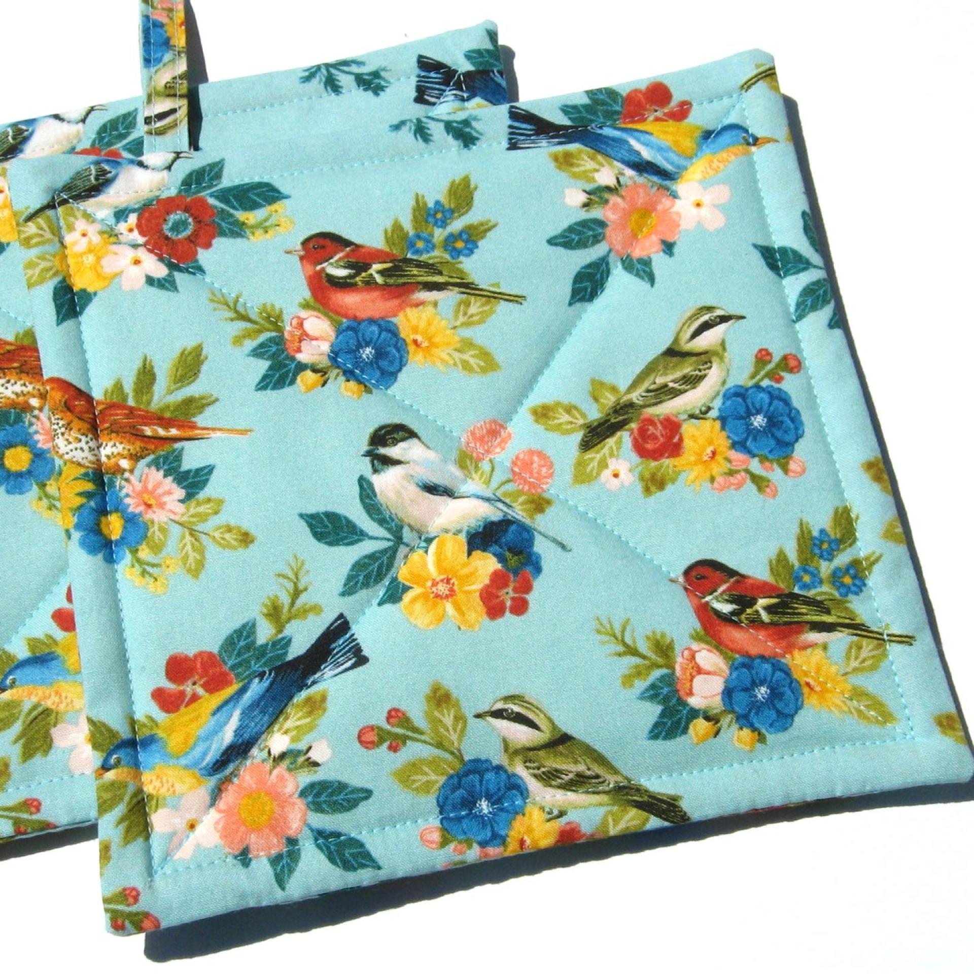 Summer Birds Potholders, Colorful Birds and Bunches of Flowers, Quilted Hot Pads, USA Made Housewarming, Hostess Gift