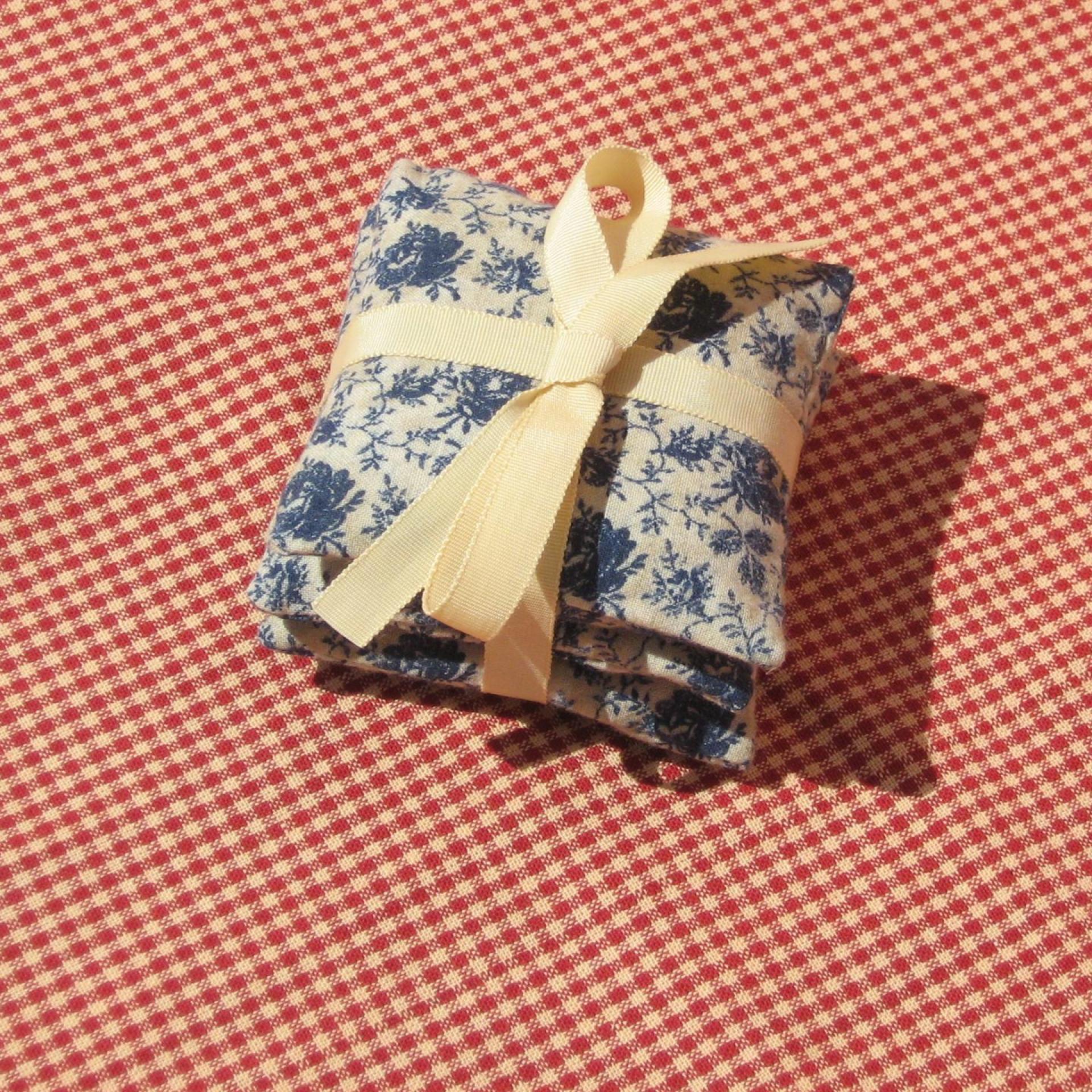 Handmade Lavender Sachets, Set of 3, Vintage Blue & Tan Floral Cotton Print, Drawer Freshener, Gift for Her, 3 x 3 Inch Scented Mini Fabric Bags