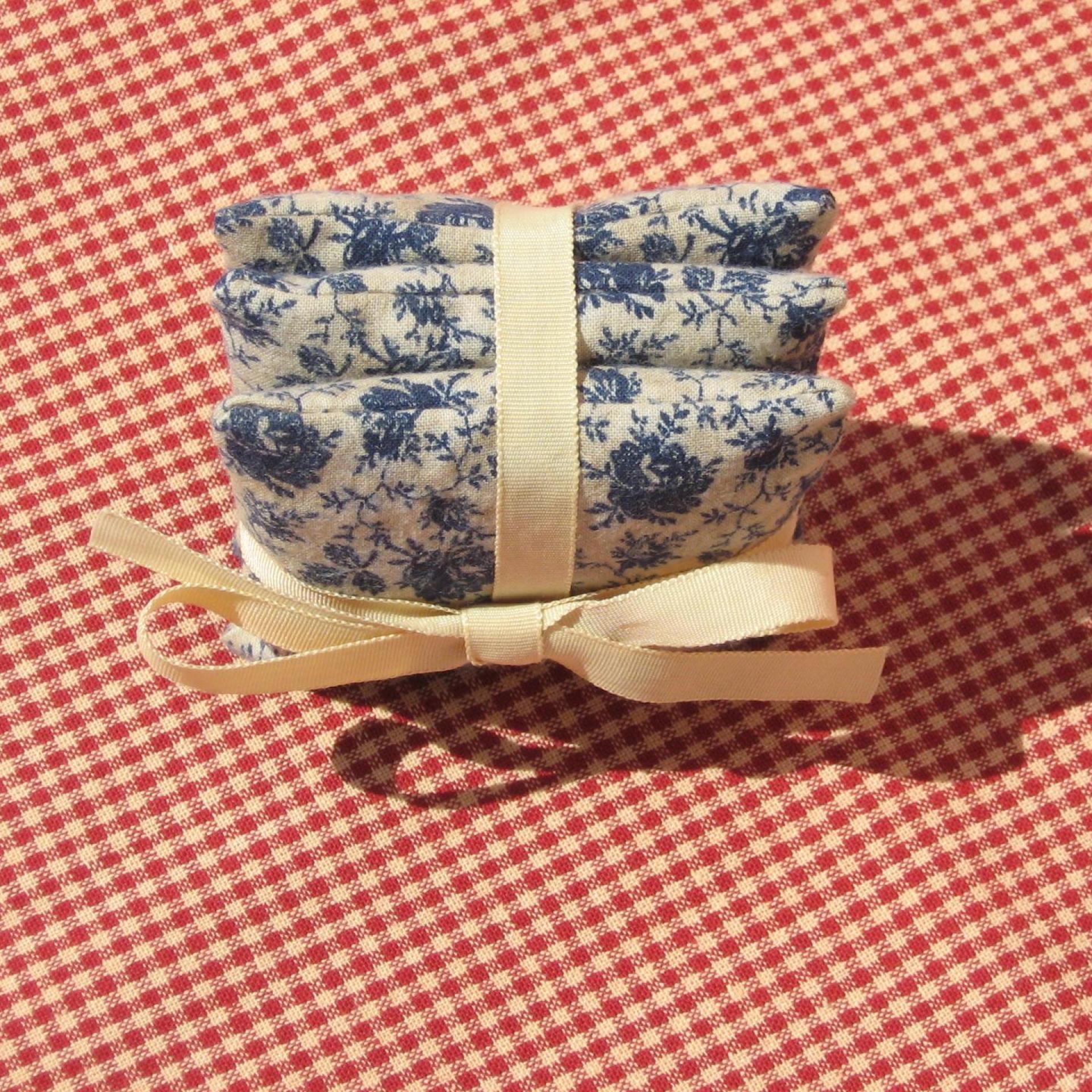 Handmade Lavender Sachets, Set of 3, Vintage Blue & Tan Floral Cotton Print, Drawer Freshener, Gift for Her, 3 x 3 Inch Scented Mini Fabric Bags