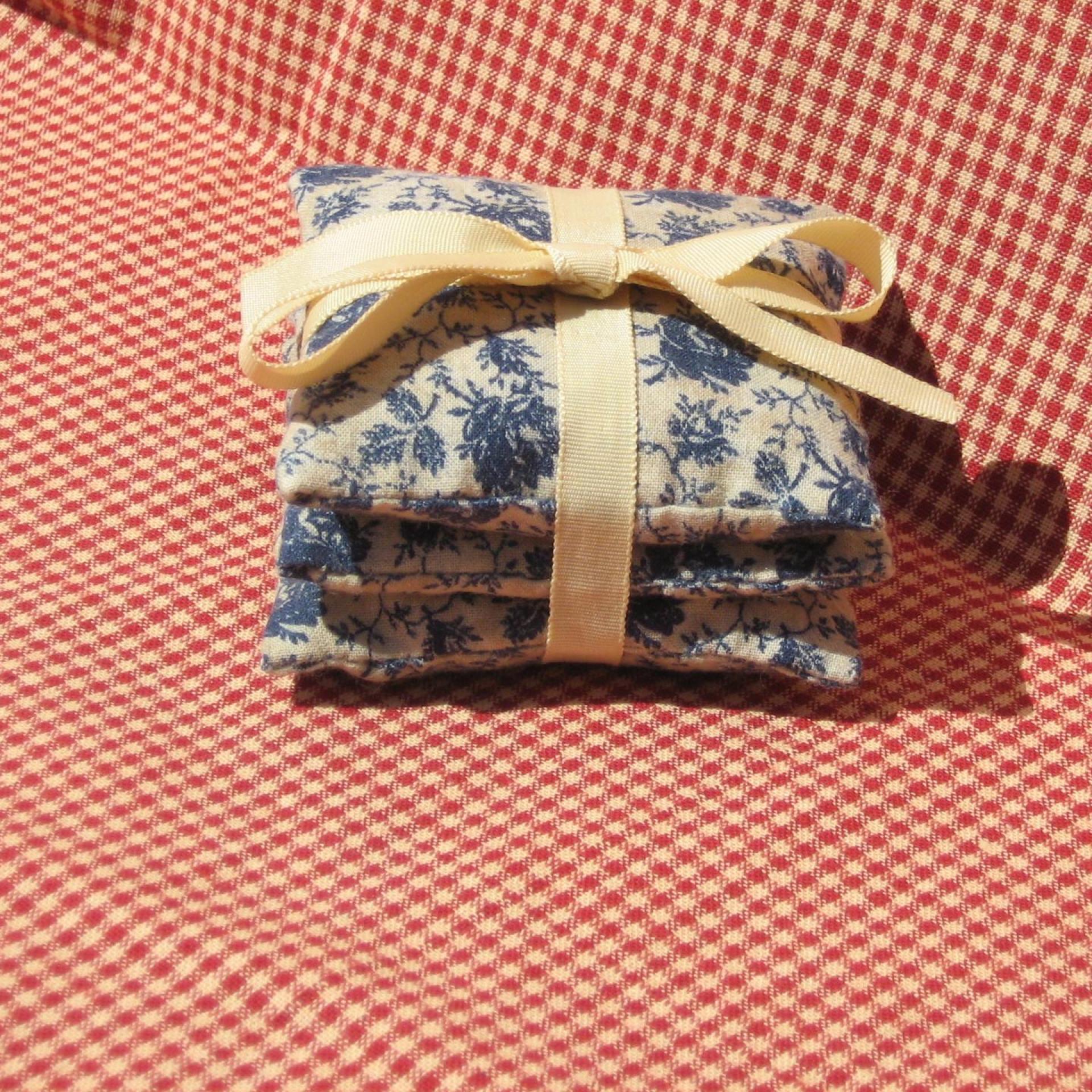 Handmade Lavender Sachets, Set of 3, Vintage Blue & Tan Floral Cotton Print, Drawer Freshener, Gift for Her, 3 x 3 Inch Scented Mini Fabric Bags