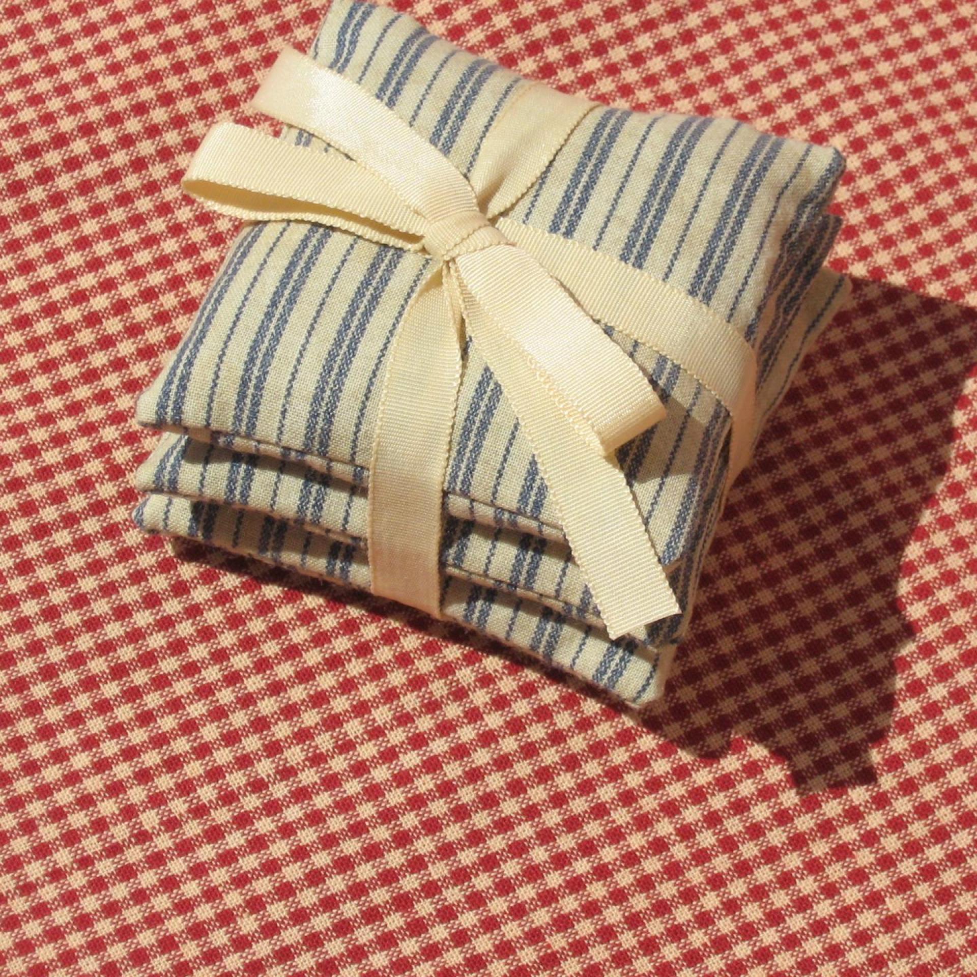 Handmade Lavender Sachets, Set of 3, Vintage Style Blue & Tan Ticking Stripe Cotton Print, Gift for Her, 3 x 3 Inch Scented Mini Fabric Bags