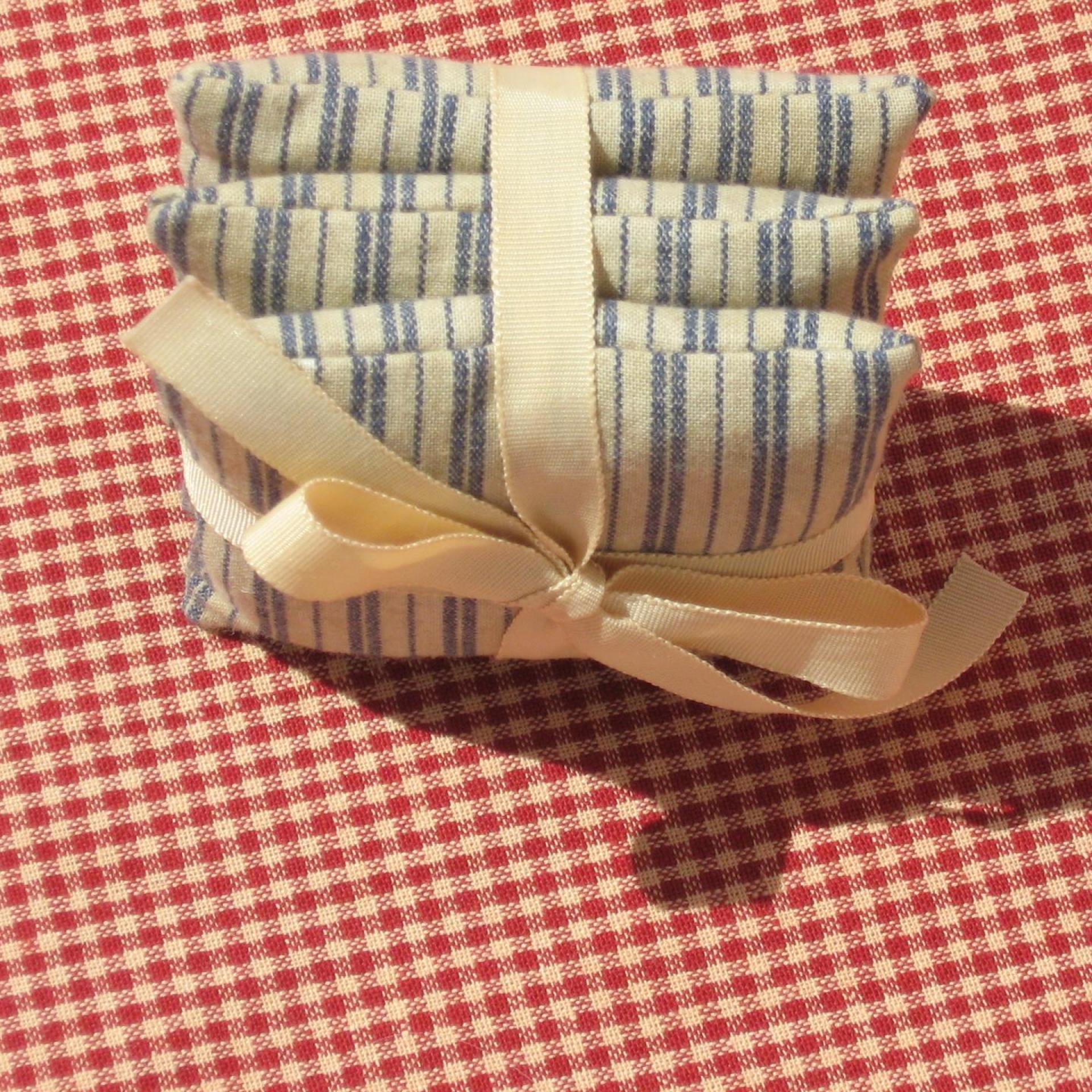 Handmade Lavender Sachets, Set of 3, Vintage Style Blue & Tan Ticking Stripe Cotton Print, Gift for Her, 3 x 3 Inch Scented Mini Fabric Bags