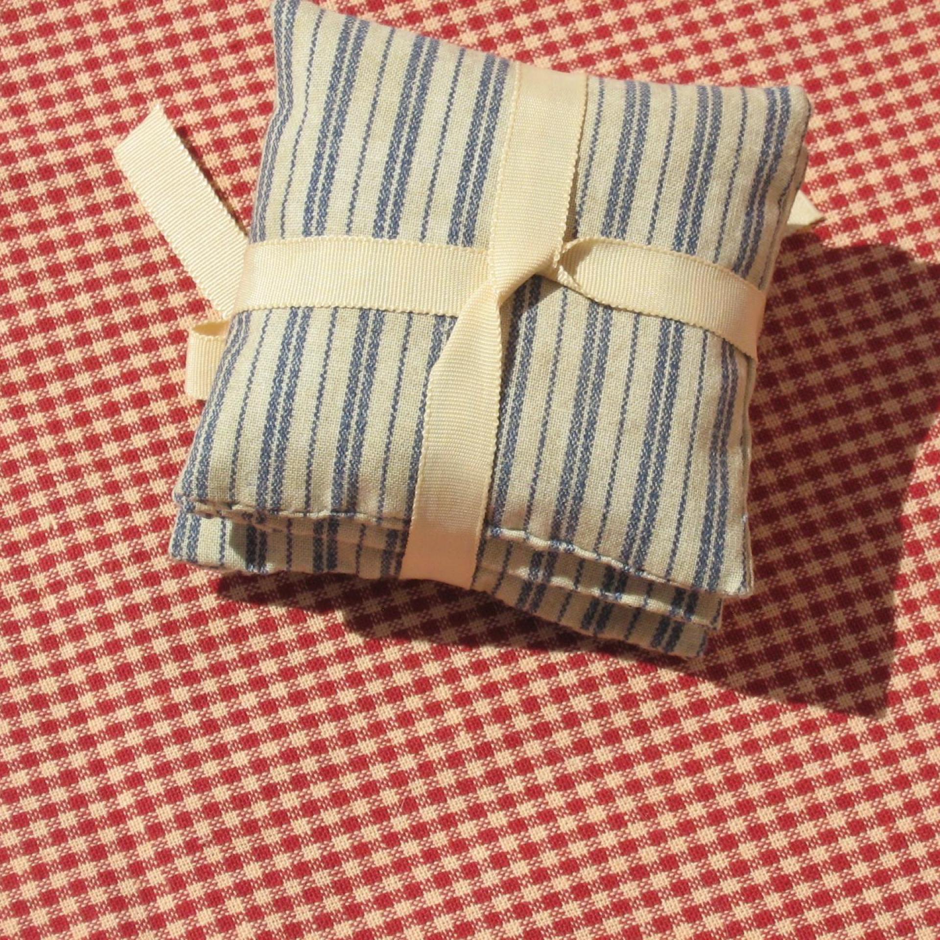 Handmade Lavender Sachets, Set of 3, Vintage Style Blue & Tan Ticking Stripe Cotton Print, Gift for Her, 3 x 3 Inch Scented Mini Fabric Bags