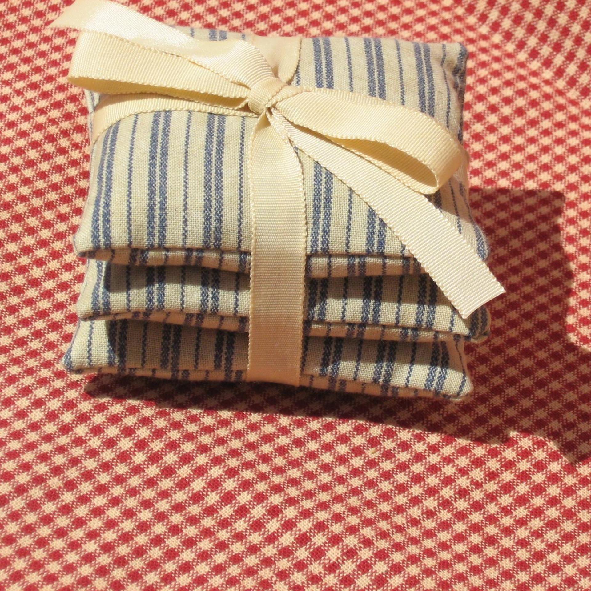 Handmade Lavender Sachets, Set of 3, Vintage Style Blue & Tan Ticking Stripe Cotton Print, Gift for Her, 3 x 3 Inch Scented Mini Fabric Bags