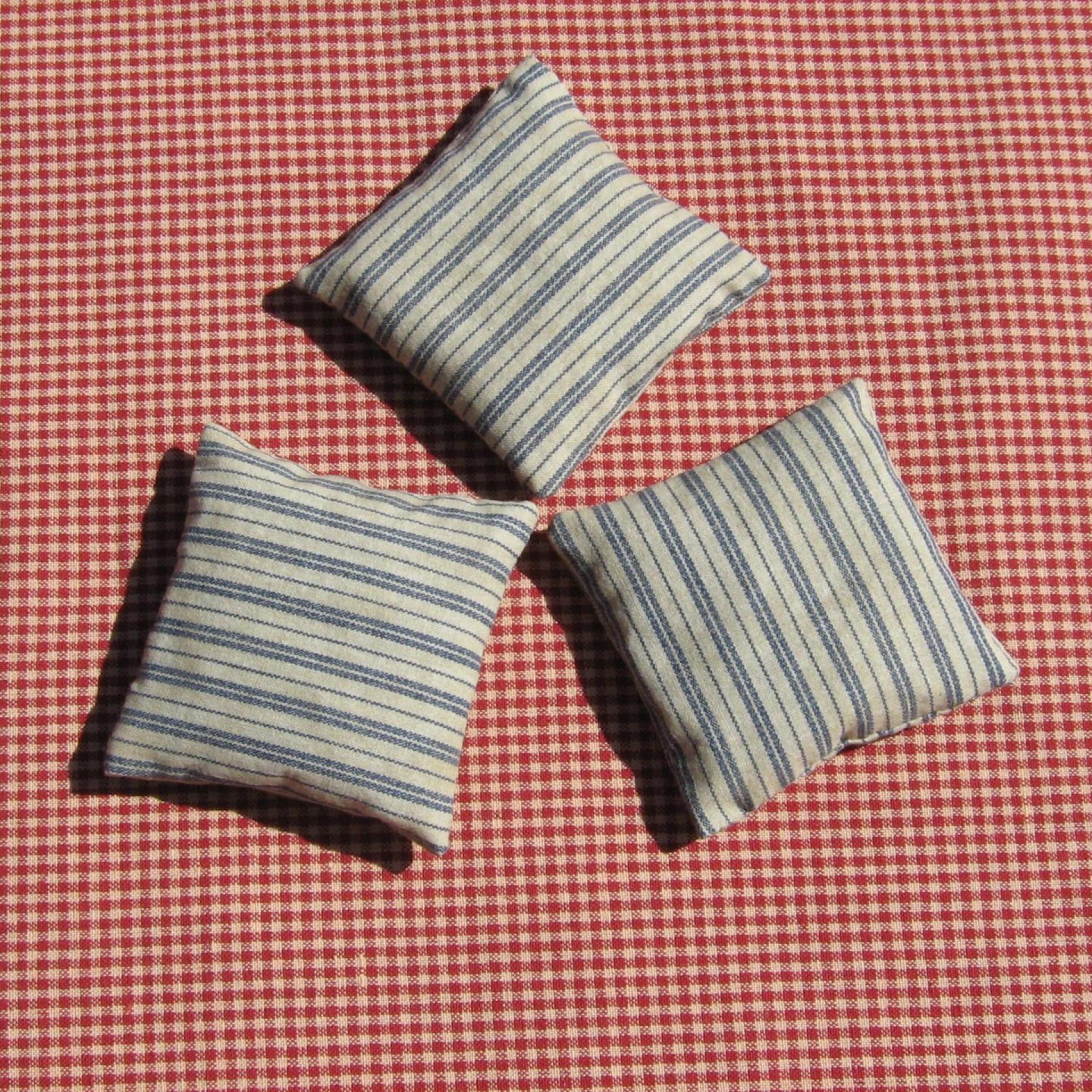 Handmade Lavender Sachets, Set of 3, Vintage Style Blue & Tan Ticking Stripe Cotton Print, Gift for Her, 3 x 3 Inch Scented Mini Fabric Bags