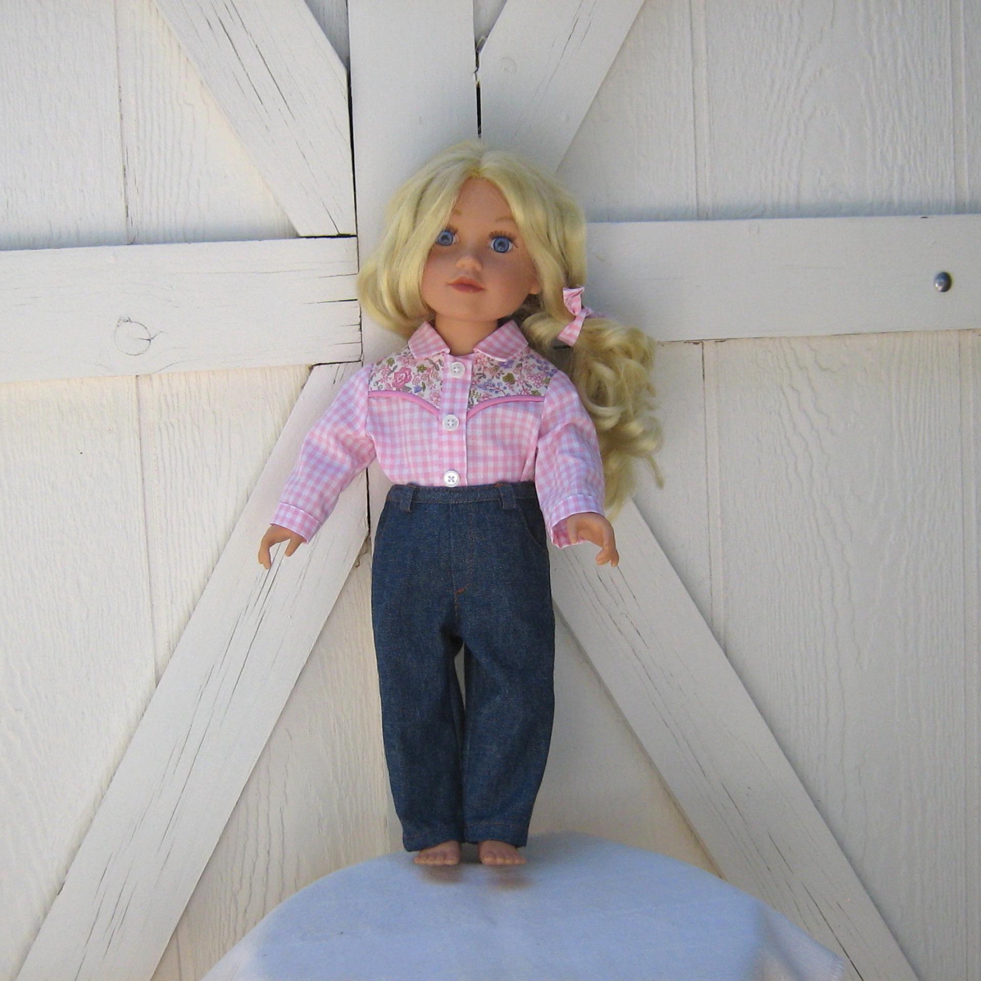 Cowgirl Shirt and Blue Jeans for 18 Inch Doll, Western Outfit in Pink Gingham and Blue Denim, Collared Shirt and 4-Pocket Jeans