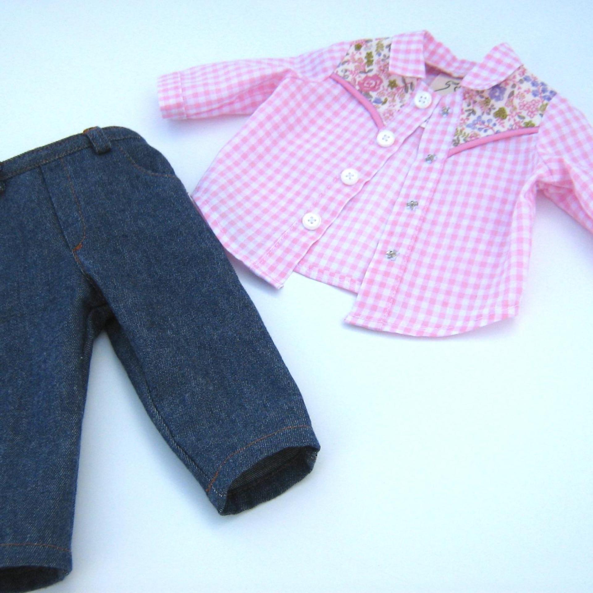 Cowgirl Shirt and Blue Jeans for 18 Inch Doll, Western Outfit in Pink Gingham and Blue Denim, Collared Shirt and 4-Pocket Jeans