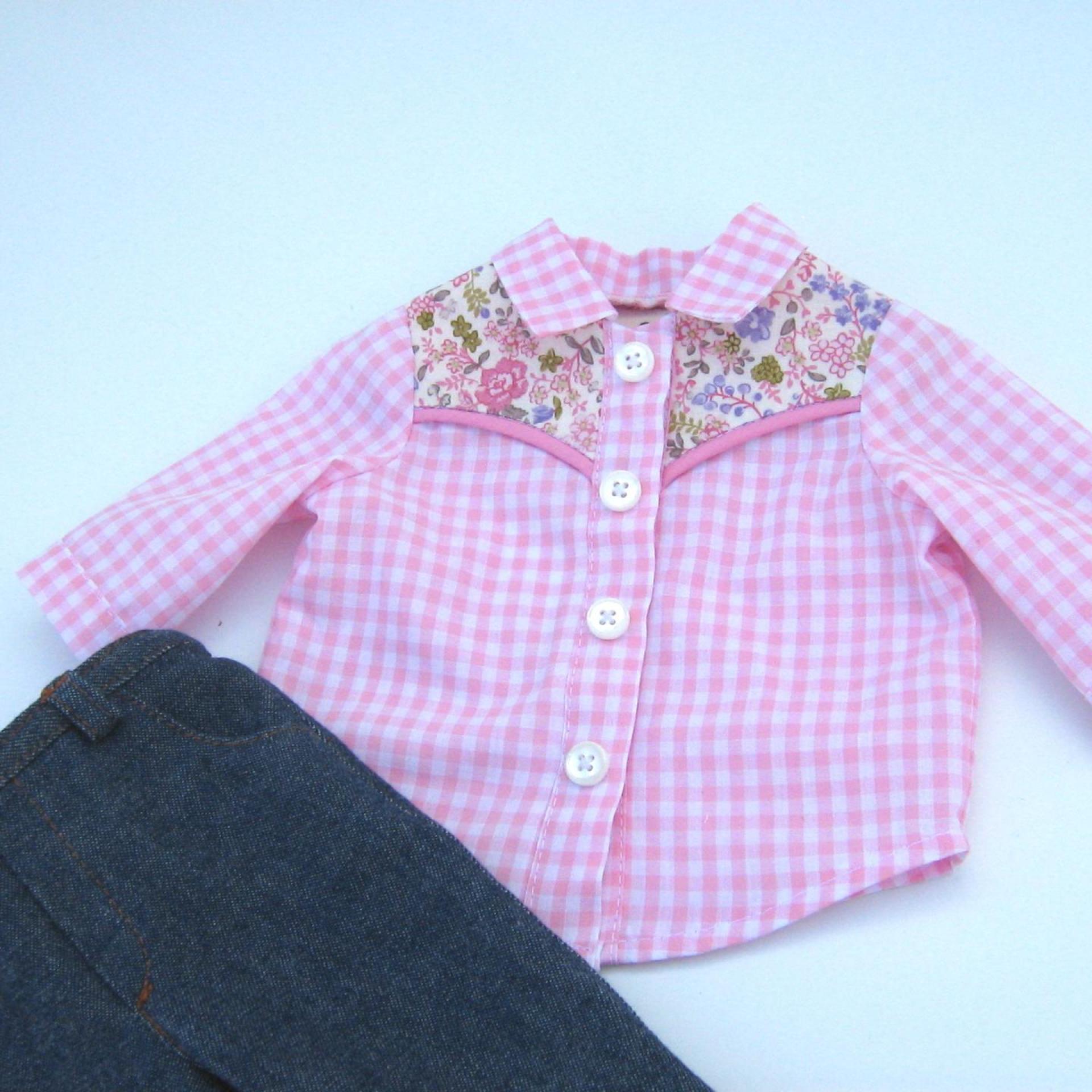 Cowgirl Shirt and Blue Jeans for 18 Inch Doll, Western Outfit in Pink Gingham and Blue Denim, Collared Shirt and 4-Pocket Jeans