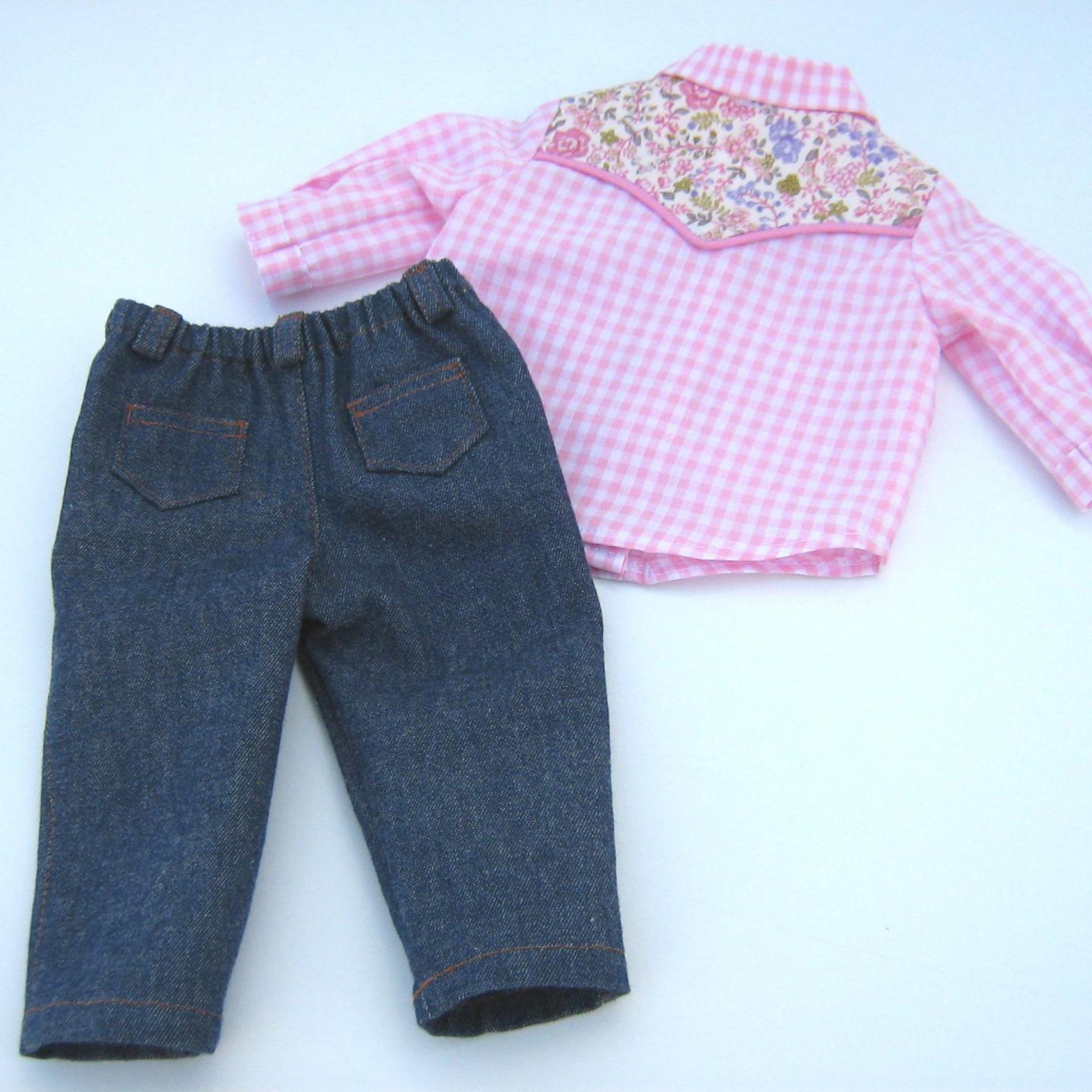 Cowgirl Shirt and Blue Jeans for 18 Inch Doll, Western Outfit in Pink Gingham and Blue Denim, Collared Shirt and 4-Pocket Jeans