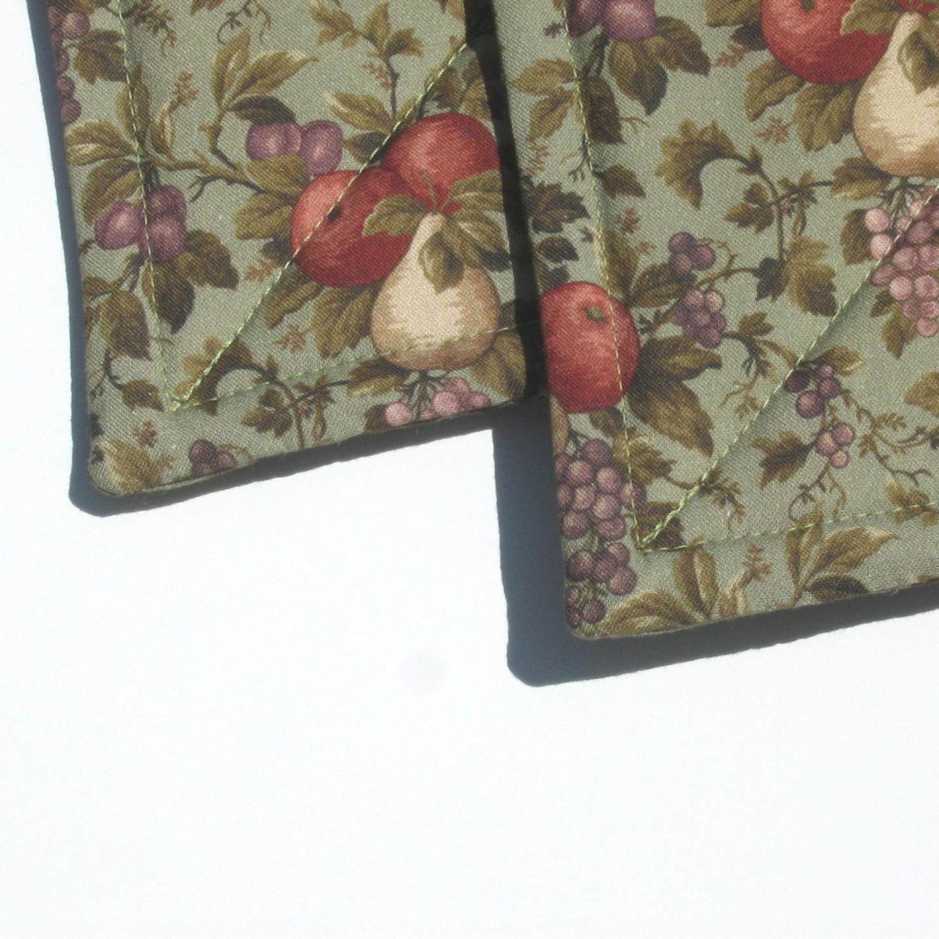 Summer Harvest Potholders, Orchard Apples, Pears, Plums on Sage Cotton, Handmade Quilted Hot Pads, USA Made Stocking Stuffer, Hostess Gift