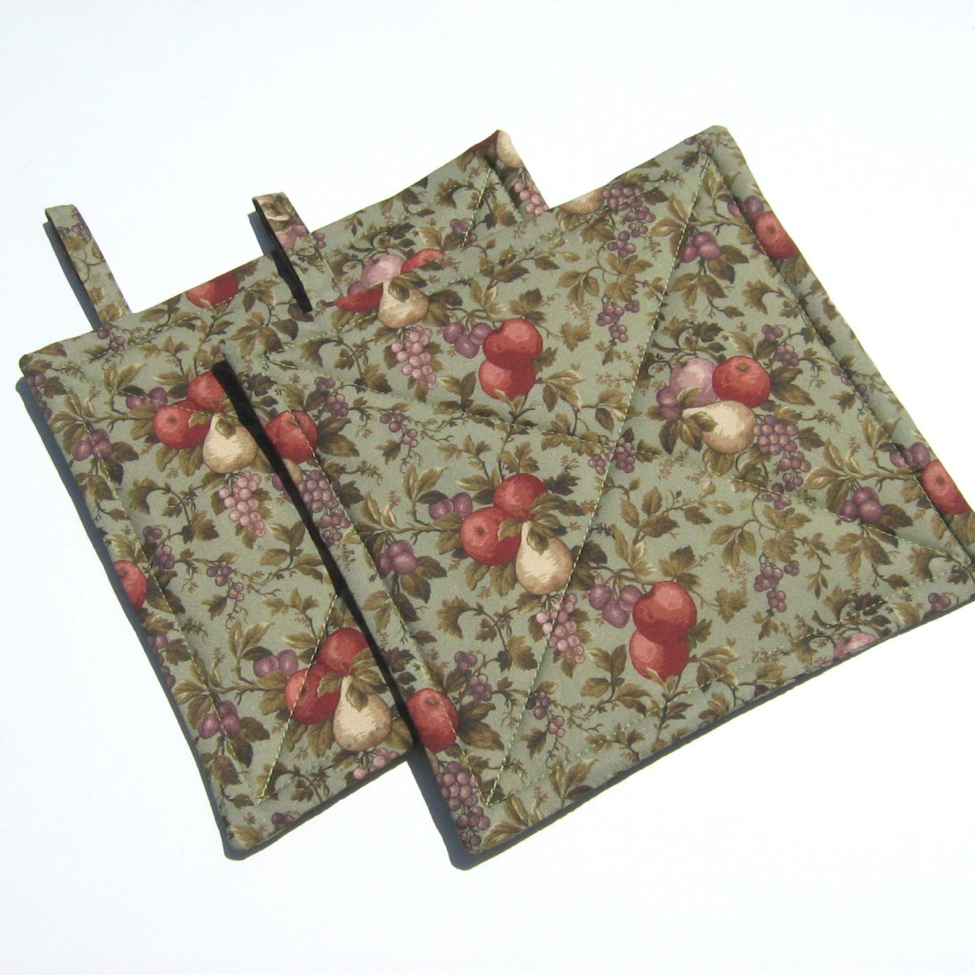 Summer Harvest Potholders, Orchard Apples, Pears, Plums on Sage Cotton, Handmade Quilted Hot Pads, USA Made Stocking Stuffer, Hostess Gift