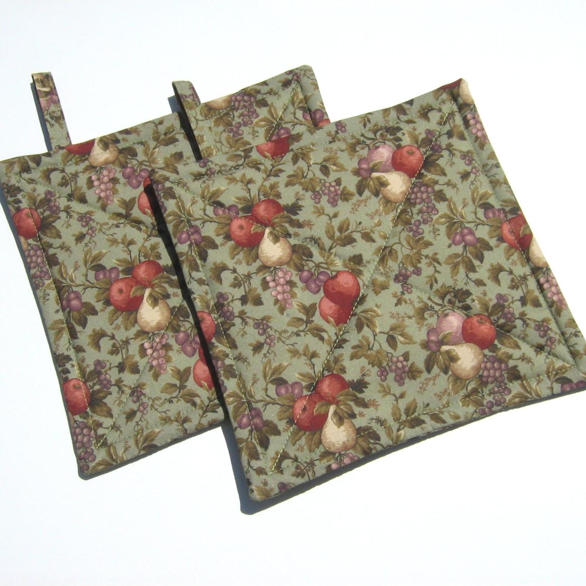 Summer Harvest Potholders, Orchard Apples, Pears, Plums on Sage Cotton, Handmade Quilted Hot Pads, USA Made Stocking Stuffer, Hostess Gift