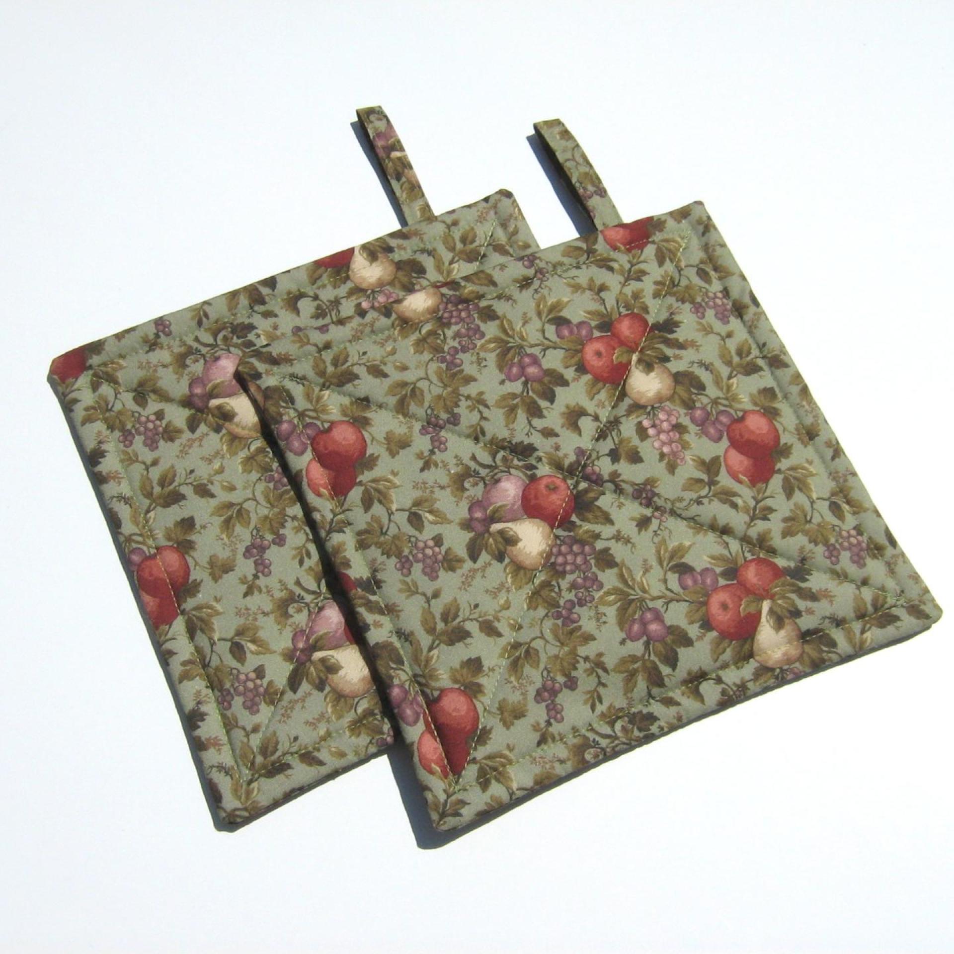 Summer Harvest Potholders, Orchard Apples, Pears, Plums on Sage Cotton, Handmade Quilted Hot Pads, USA Made Stocking Stuffer, Hostess Gift