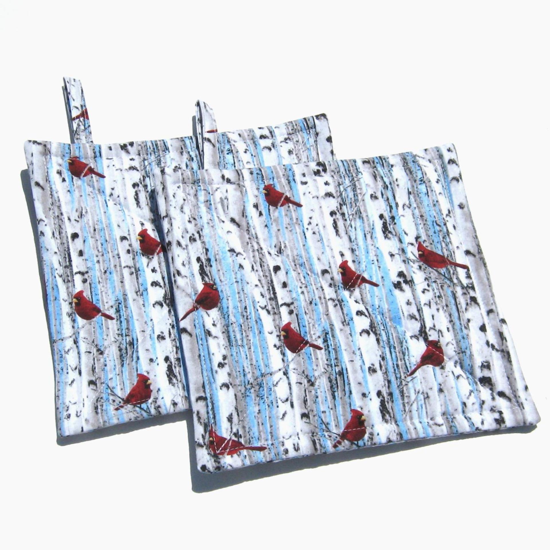 Red Cardinals Potholders, Christmas Décor, Birds in Wintry Birch Trees, Quilted Hot Pads, Stocking Stuffer, USA Handmade Gift for Bird Lover, Housewarming
