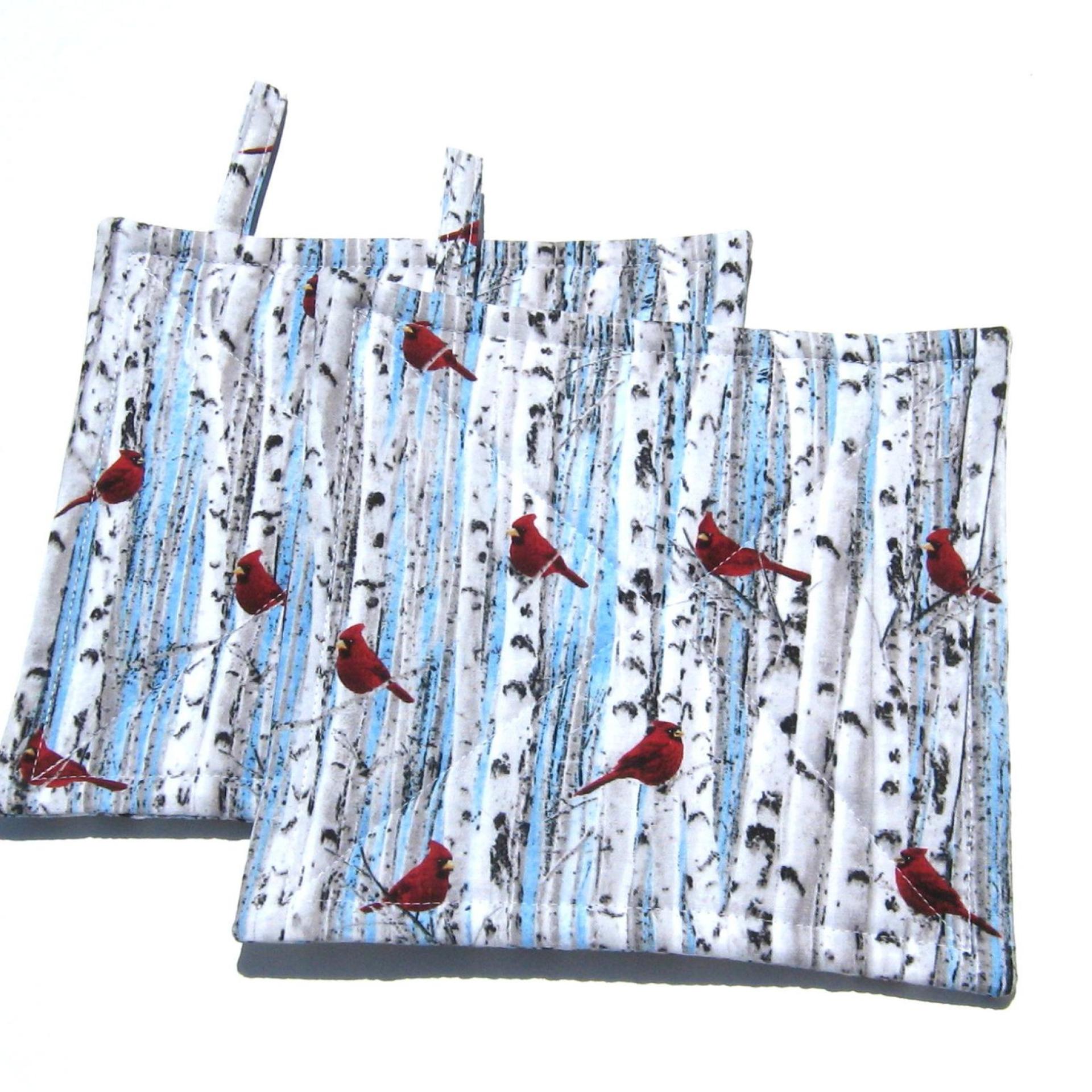 Red Cardinals Potholders, Christmas Décor, Birds in Wintry Birch Trees, Quilted Hot Pads, Stocking Stuffer, USA Handmade Gift for Bird Lover, Housewarming