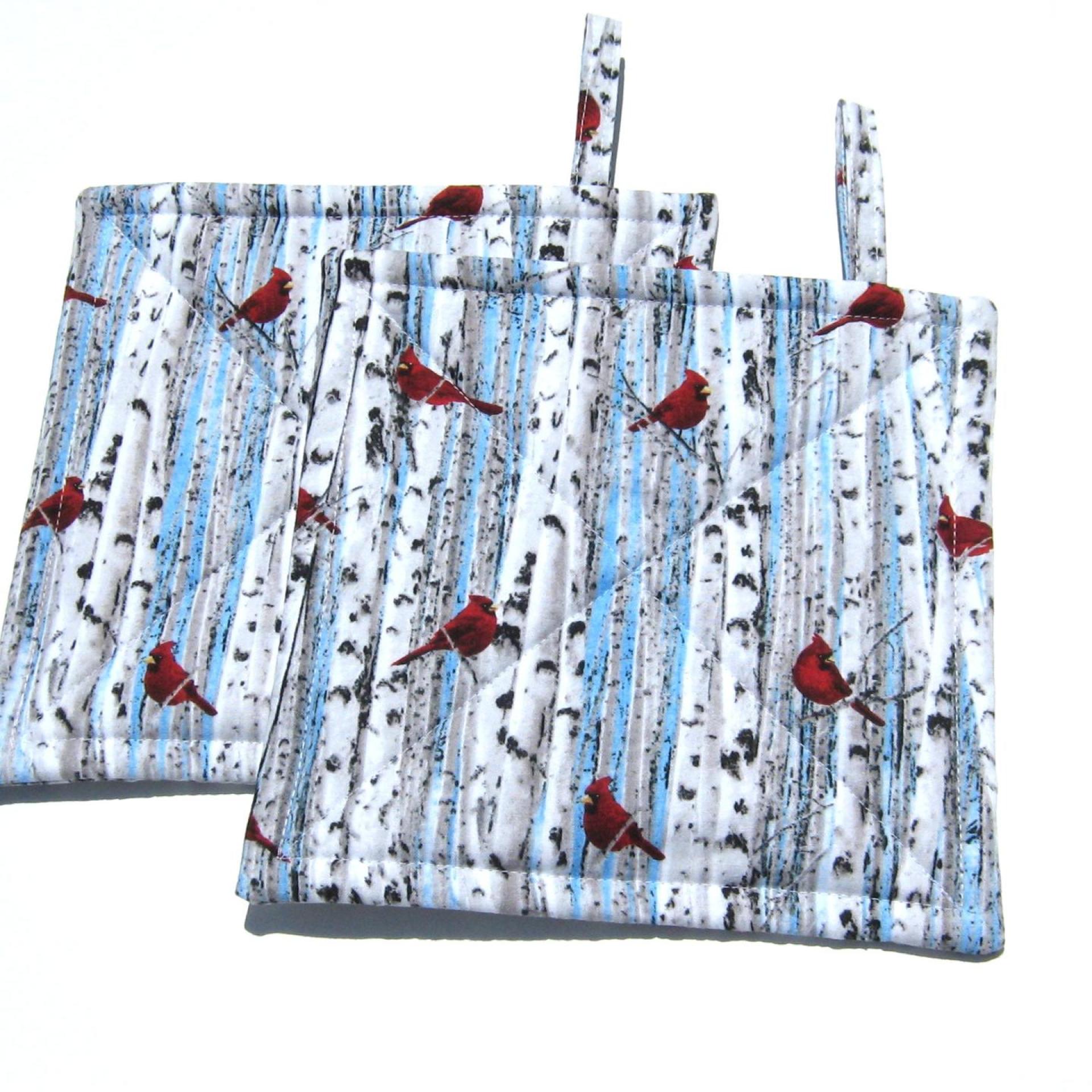 Red Cardinals Potholders, Christmas Décor, Birds in Wintry Birch Trees, Quilted Hot Pads, Stocking Stuffer, USA Handmade Gift for Bird Lover, Housewarming