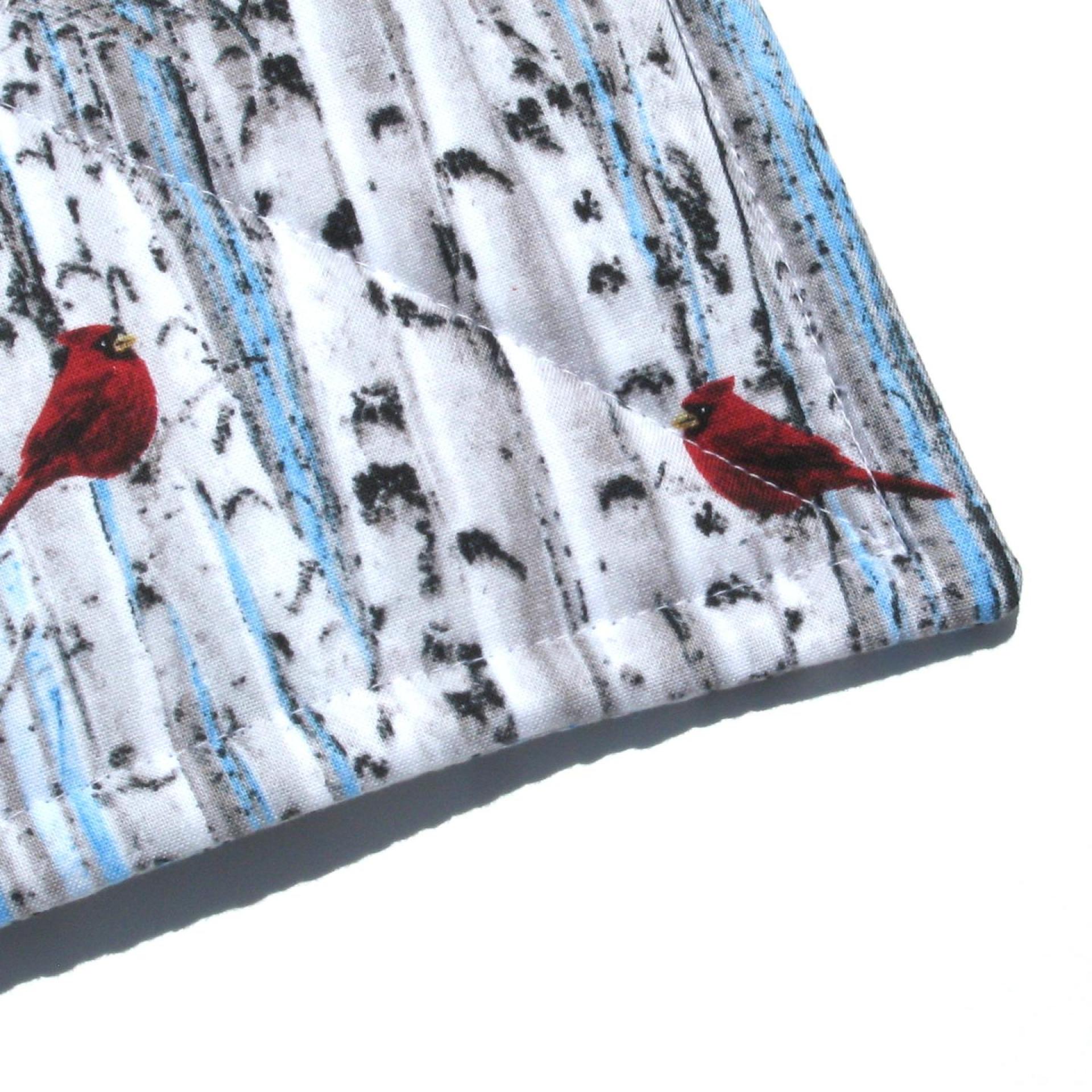 Red Cardinals Potholders, Christmas Décor, Birds in Wintry Birch Trees, Quilted Hot Pads, Stocking Stuffer, USA Handmade Gift for Bird Lover, Housewarming