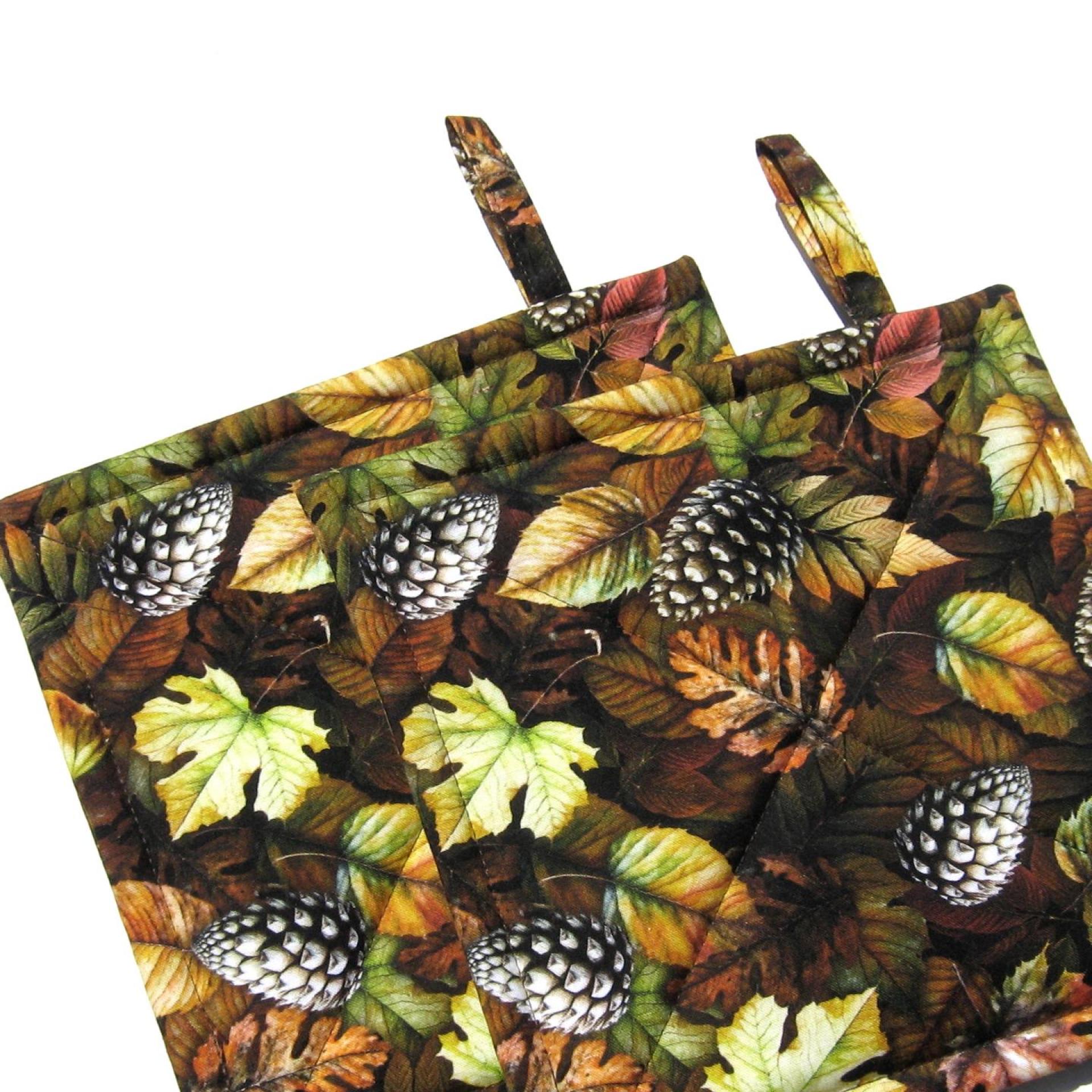 Autumn Woodland Potholders, Leaves and Pinecones Quilted Hot Pads, Rustic Farmhouse Décor, USA Hand Crafted Housewarming or Hostess Gift