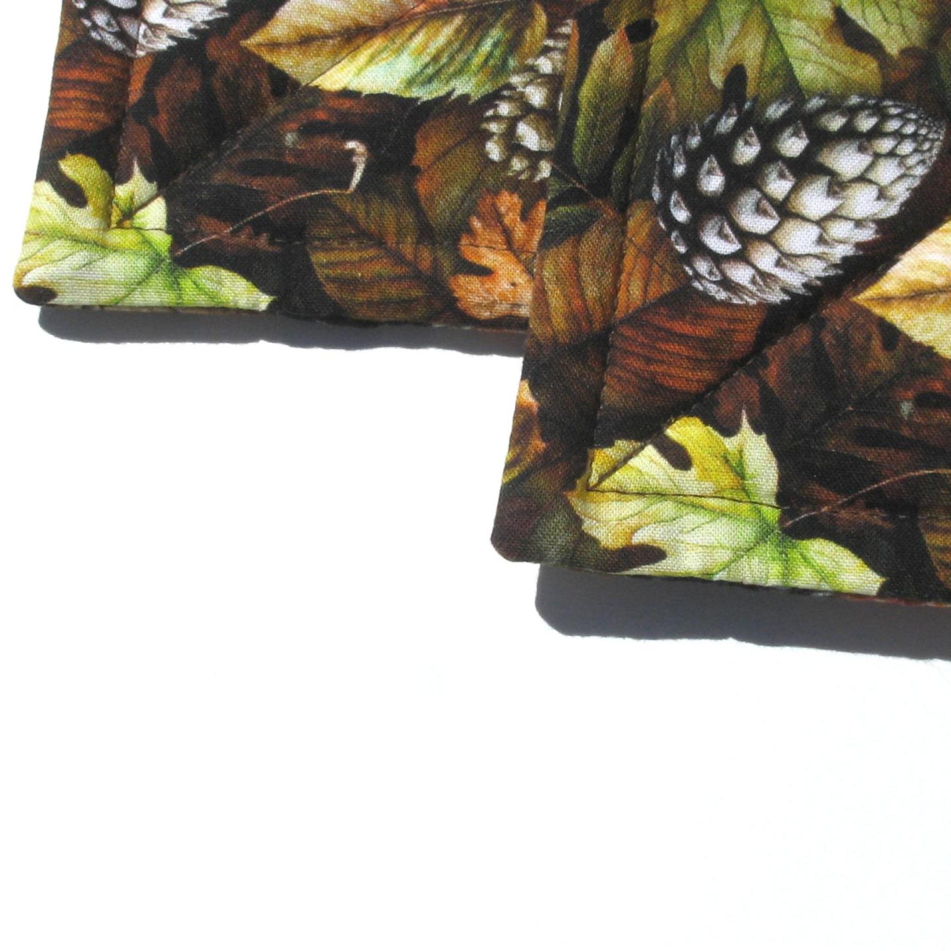 Autumn Woodland Potholders, Leaves and Pinecones Quilted Hot Pads, Rustic Farmhouse Décor, USA Hand Crafted Housewarming or Hostess Gift