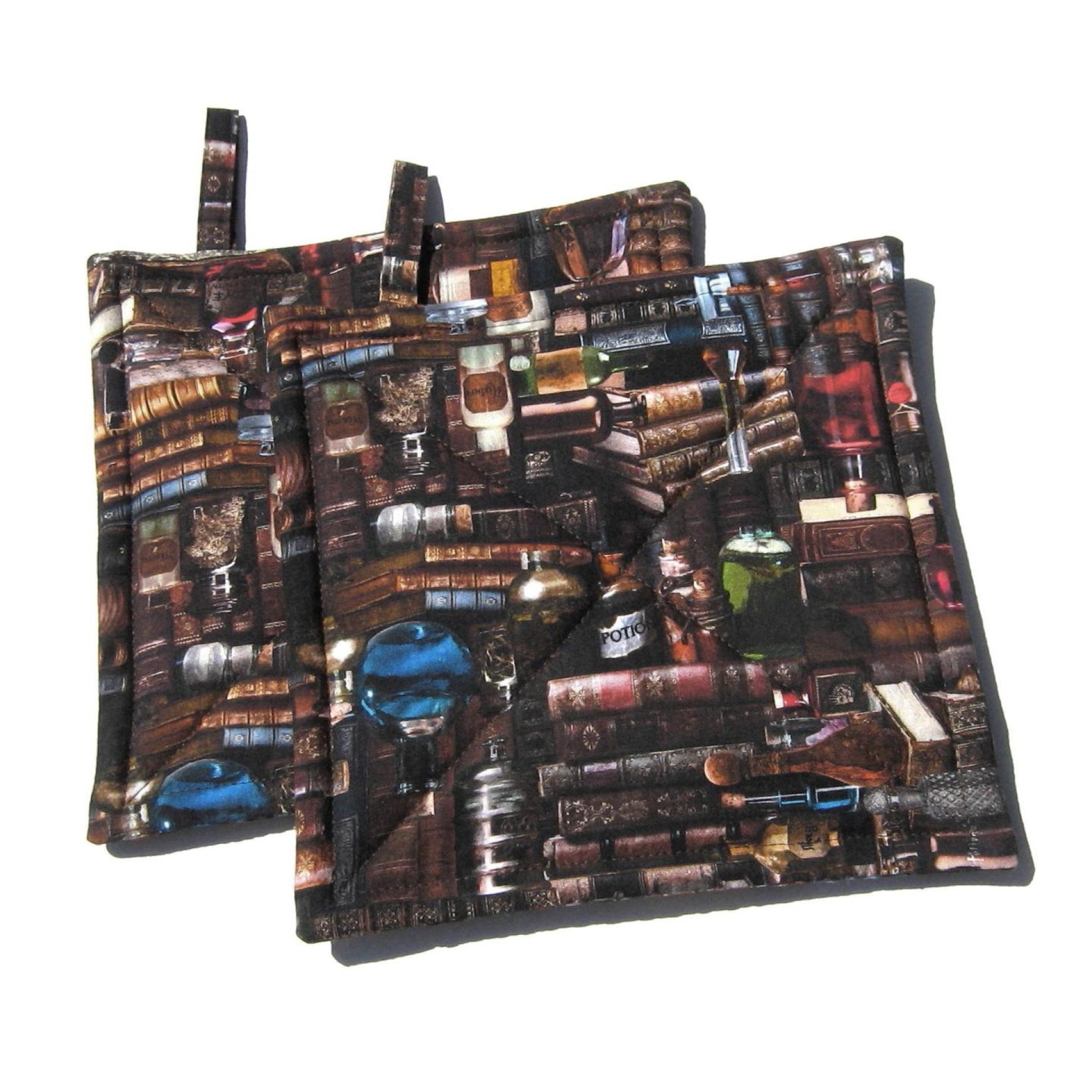 Spooky Library Potholders, Antique Books & Bottles Quilted Hot Pads, USA Hand Crafted Gift for Halloween, Librarian Gift