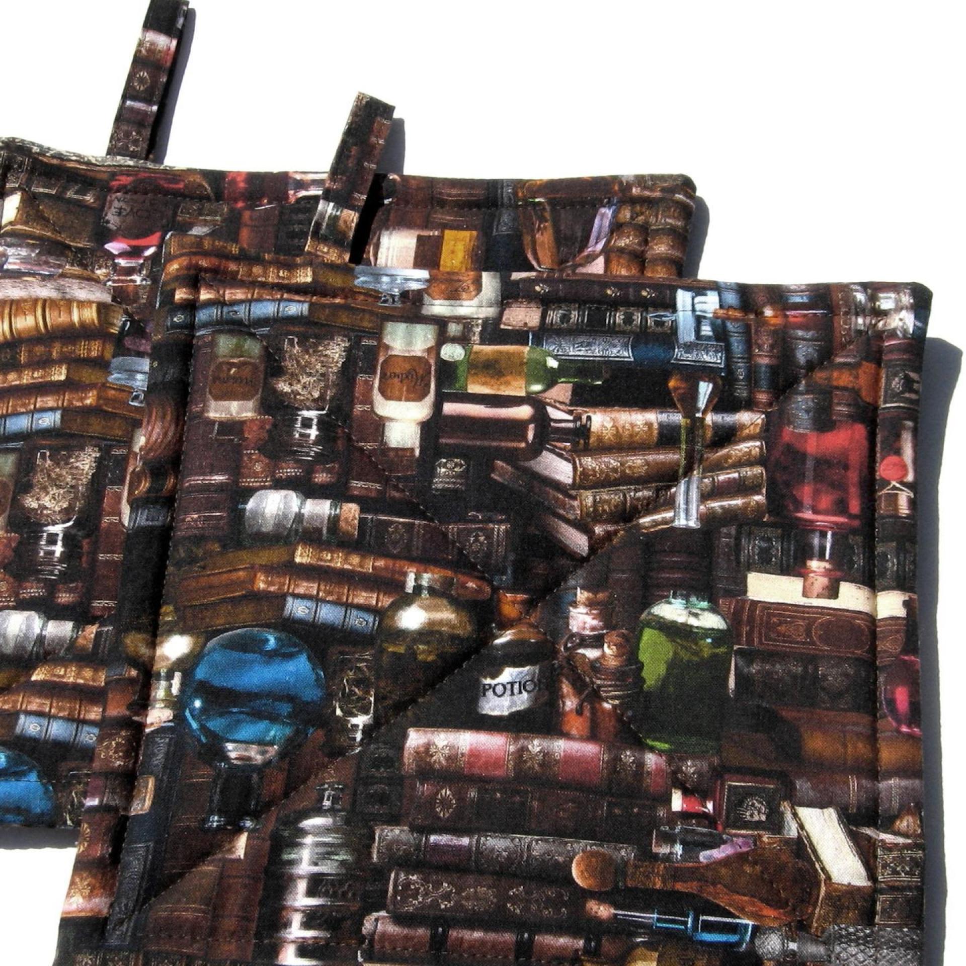 Spooky Library Potholders, Antique Books & Bottles Quilted Hot Pads, USA Hand Crafted Gift for Halloween, Librarian Gift