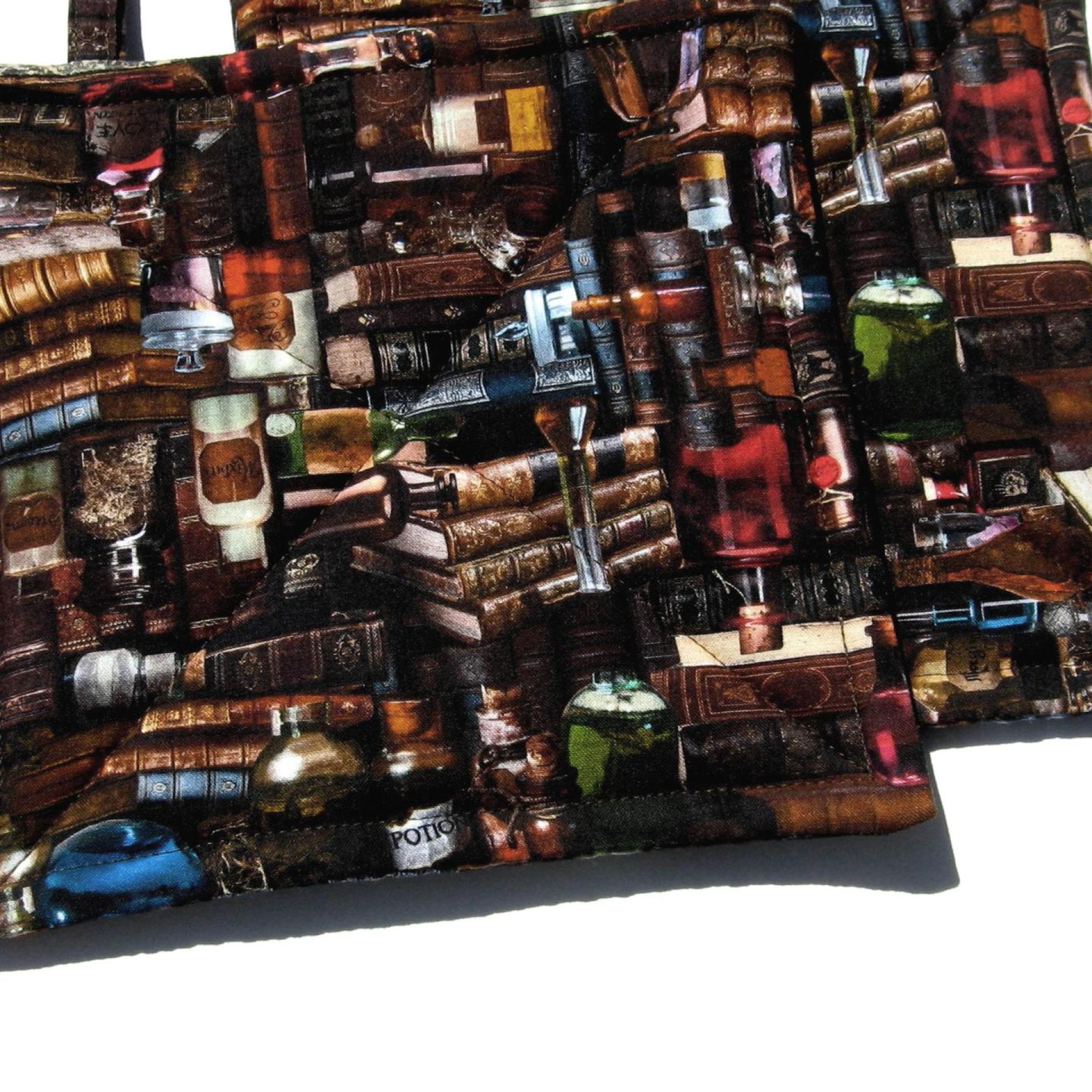 Spooky Library Potholders, Antique Books & Bottles Quilted Hot Pads, USA Hand Crafted Gift for Halloween, Librarian Gift
