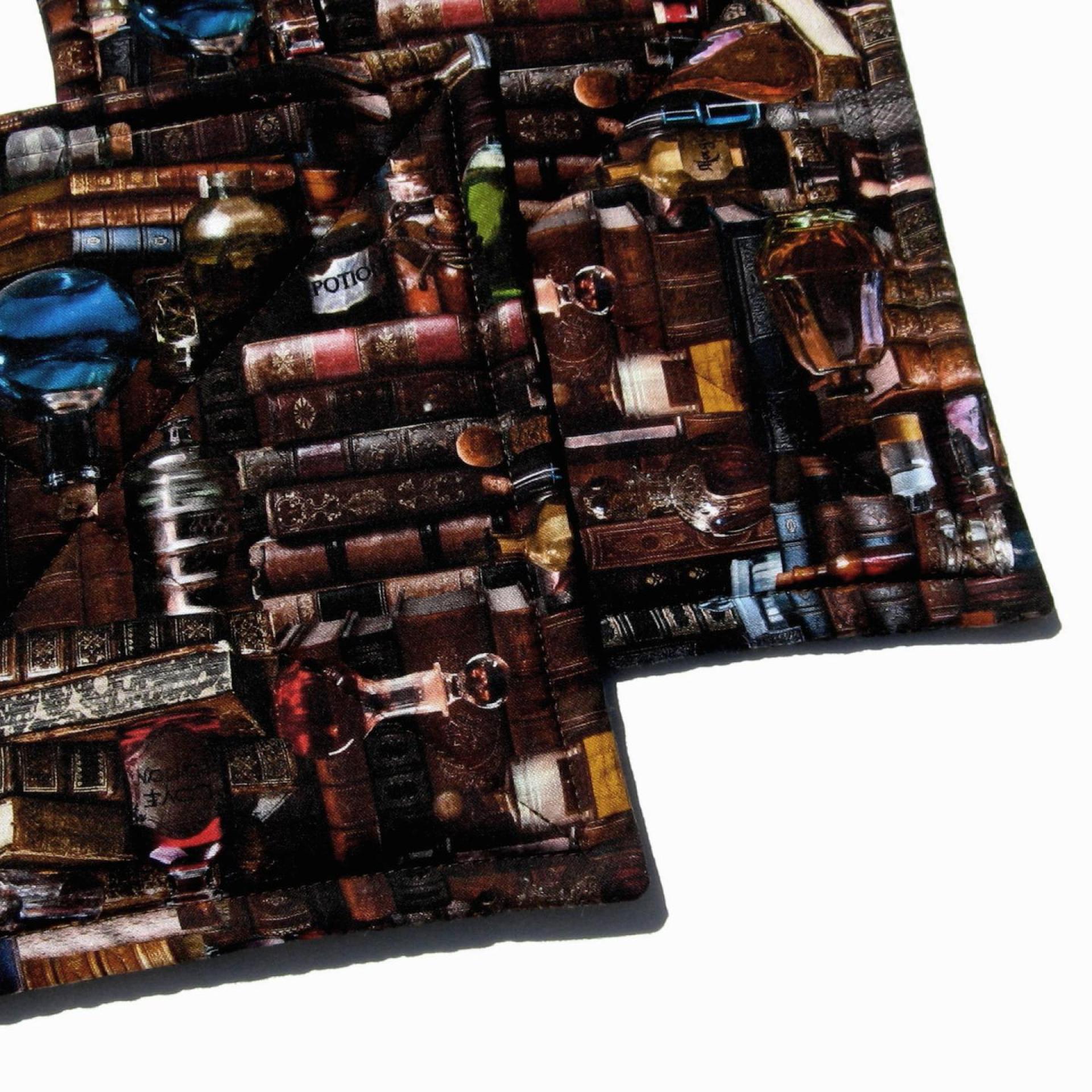 Spooky Library Potholders, Antique Books & Bottles Quilted Hot Pads, USA Hand Crafted Gift for Halloween, Librarian Gift