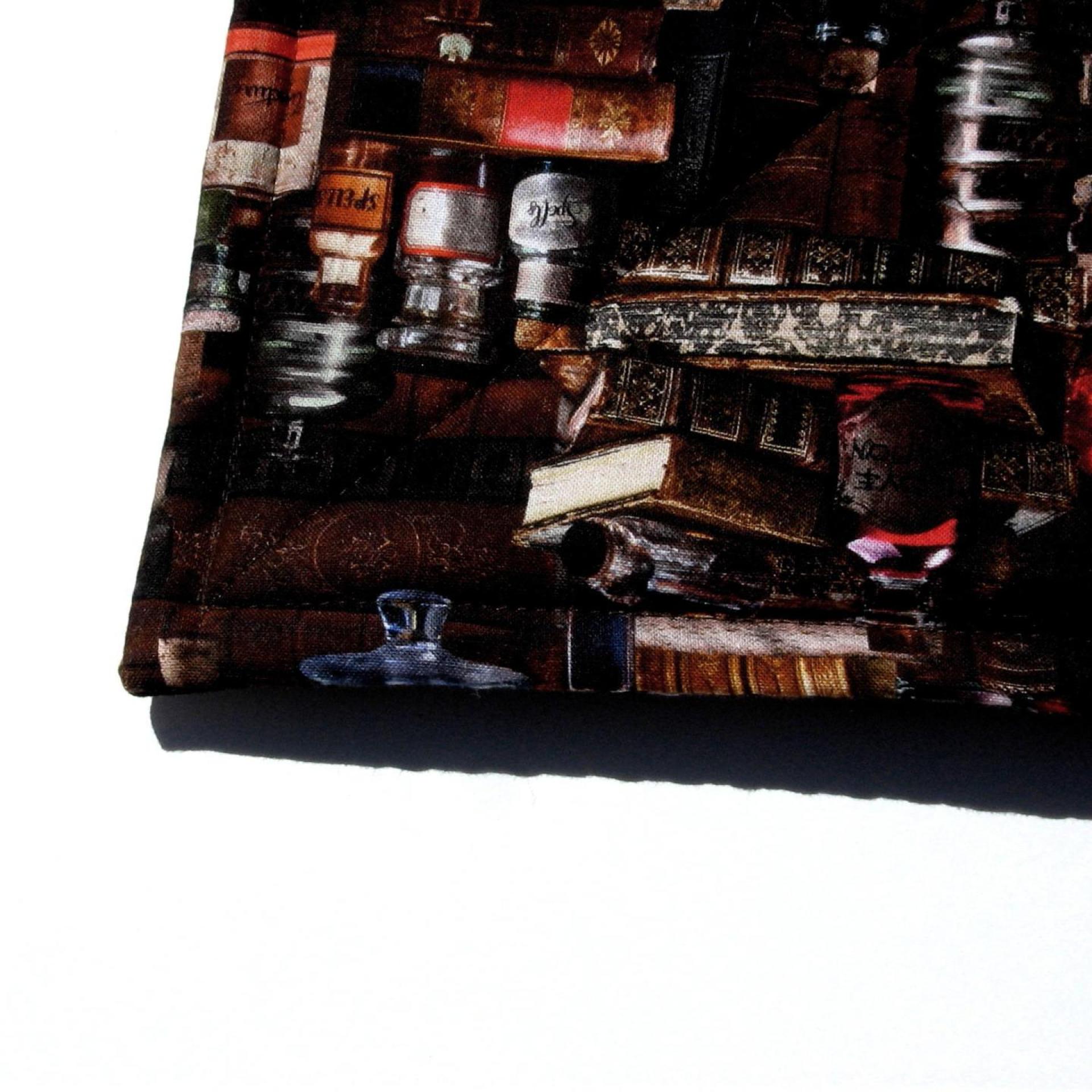 Spooky Library Potholders, Antique Books & Bottles Quilted Hot Pads, USA Hand Crafted Gift for Halloween, Librarian Gift