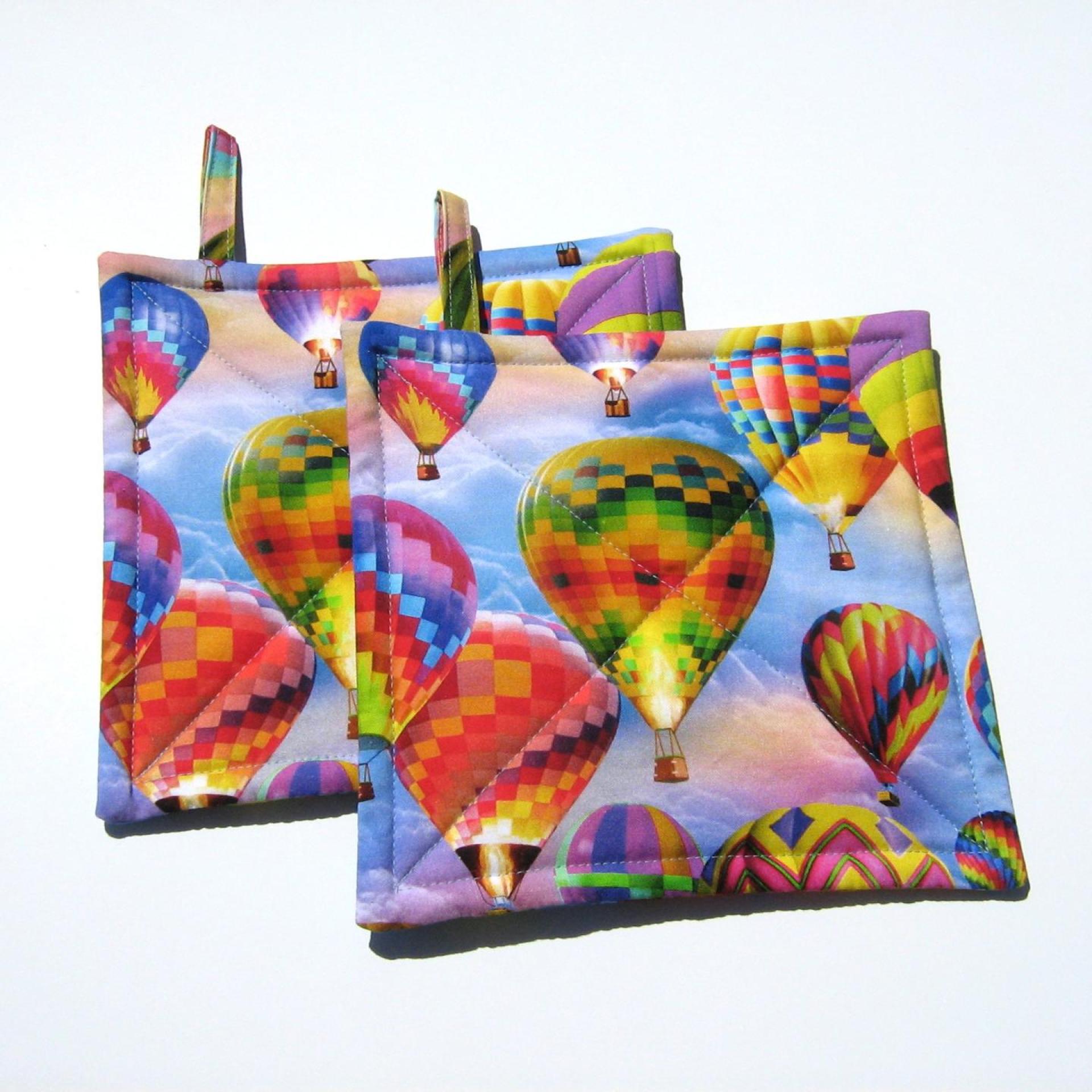 Hot Air Balloon Potholders, Blue Sky, Clouds & Balloons Hot Pads, American Made Hand Crafted Hostess, Housewarming Gift, PATTERN WILL VARY!