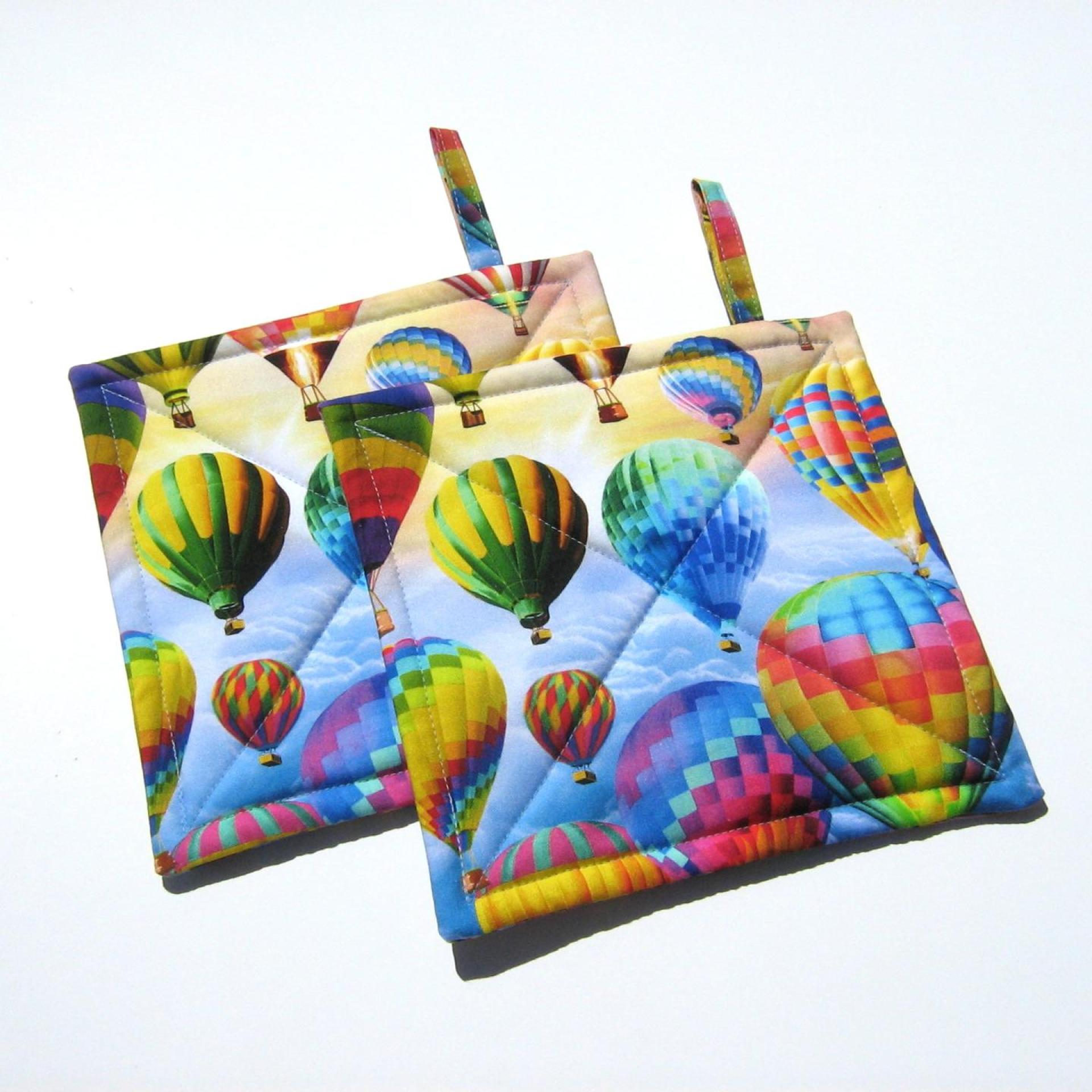 Hot Air Balloon Potholders, Blue Sky, Clouds & Balloons Hot Pads, American Made Hand Crafted Hostess, Housewarming Gift, PATTERN WILL VARY!