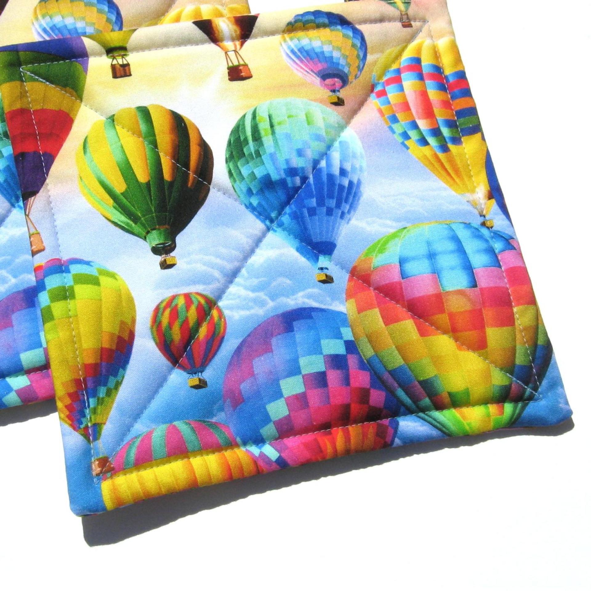 Hot Air Balloon Potholders, Blue Sky, Clouds & Balloons Hot Pads, American Made Hand Crafted Hostess, Housewarming Gift, PATTERN WILL VARY!