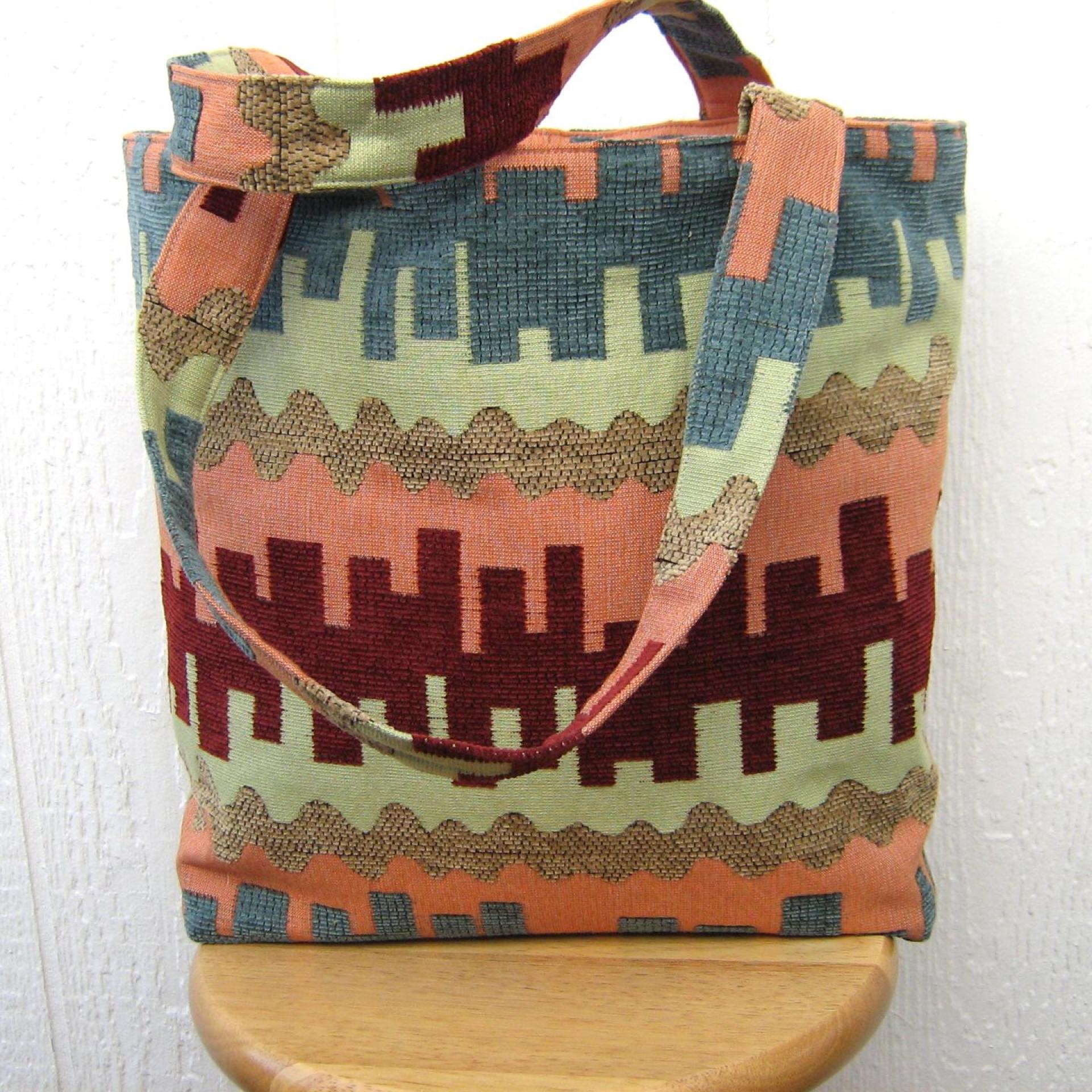 Jacquard Upholstery Tote with Pockets, SW Sandstone Colors Big Lined Bag for Shopping & Travel, Handcrafted Gift Made in New Mexico