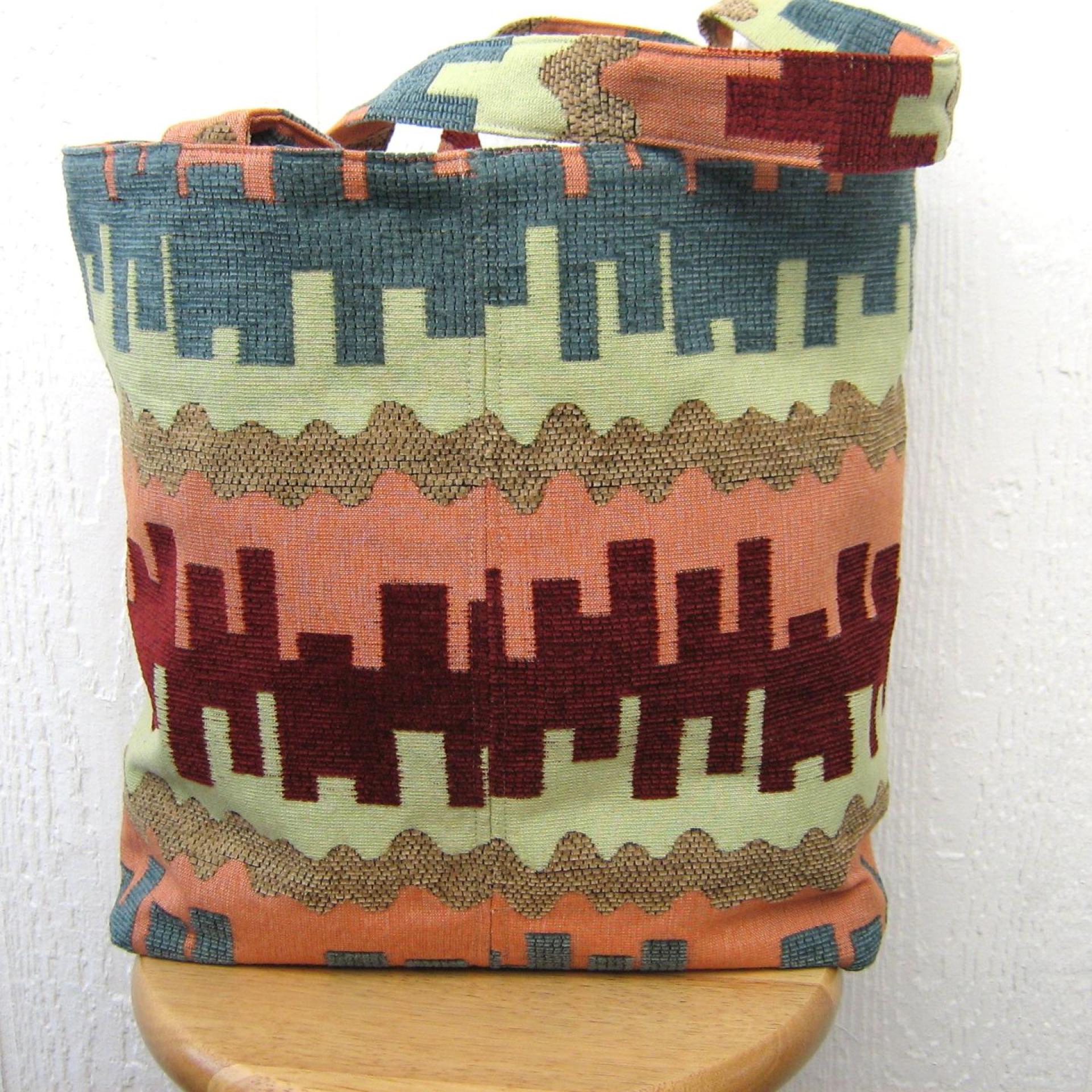 Jacquard Upholstery Tote with Pockets, SW Sandstone Colors Big Lined Bag for Shopping & Travel, Handcrafted Gift Made in New Mexico