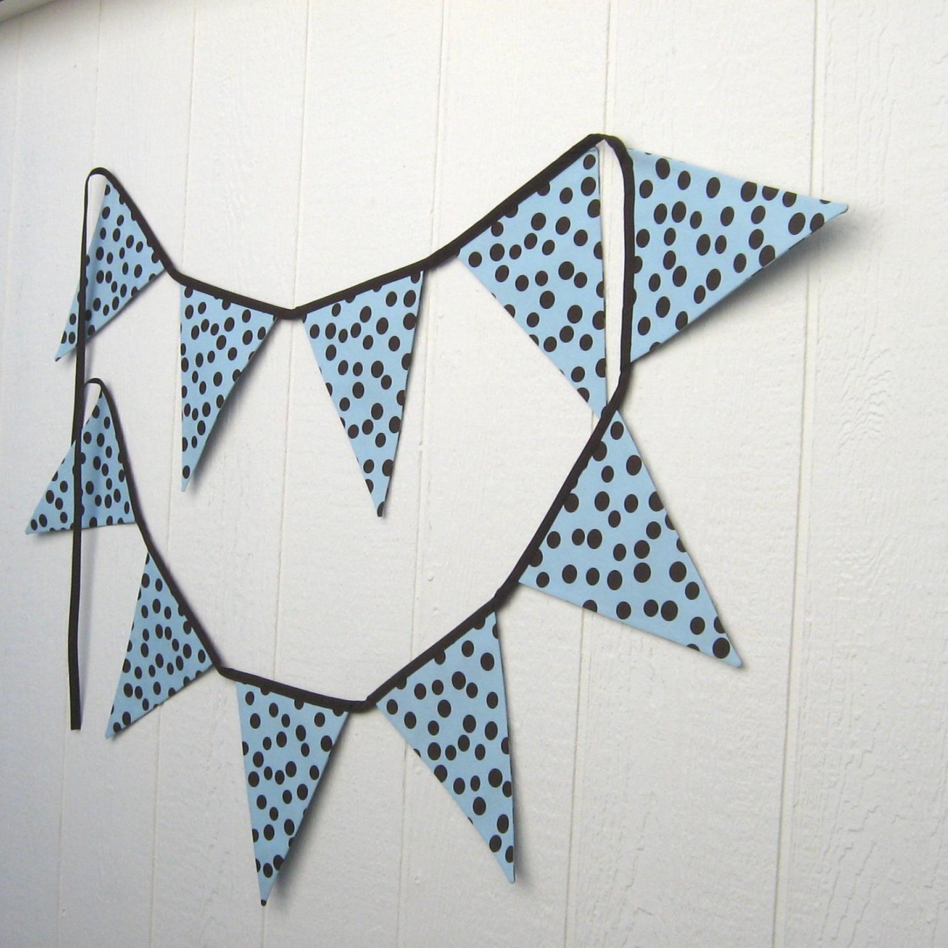 Blue Baby Shower Garland, Gender Reveal Party Décor with Polka Dots, Light Blue & Brown Bunting or Mantel Banner, Baby Nursery Decoration