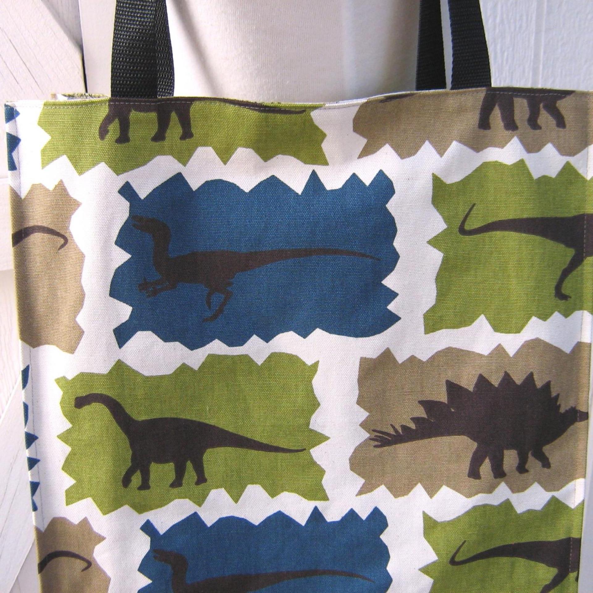 Dinosaur Tote, Funky Lined Bag with Inside Pocket, Perfect for Groceries, Books and Travel, Green, Teal & Taupe Cotton Bag, Handcrafted in New Mexico