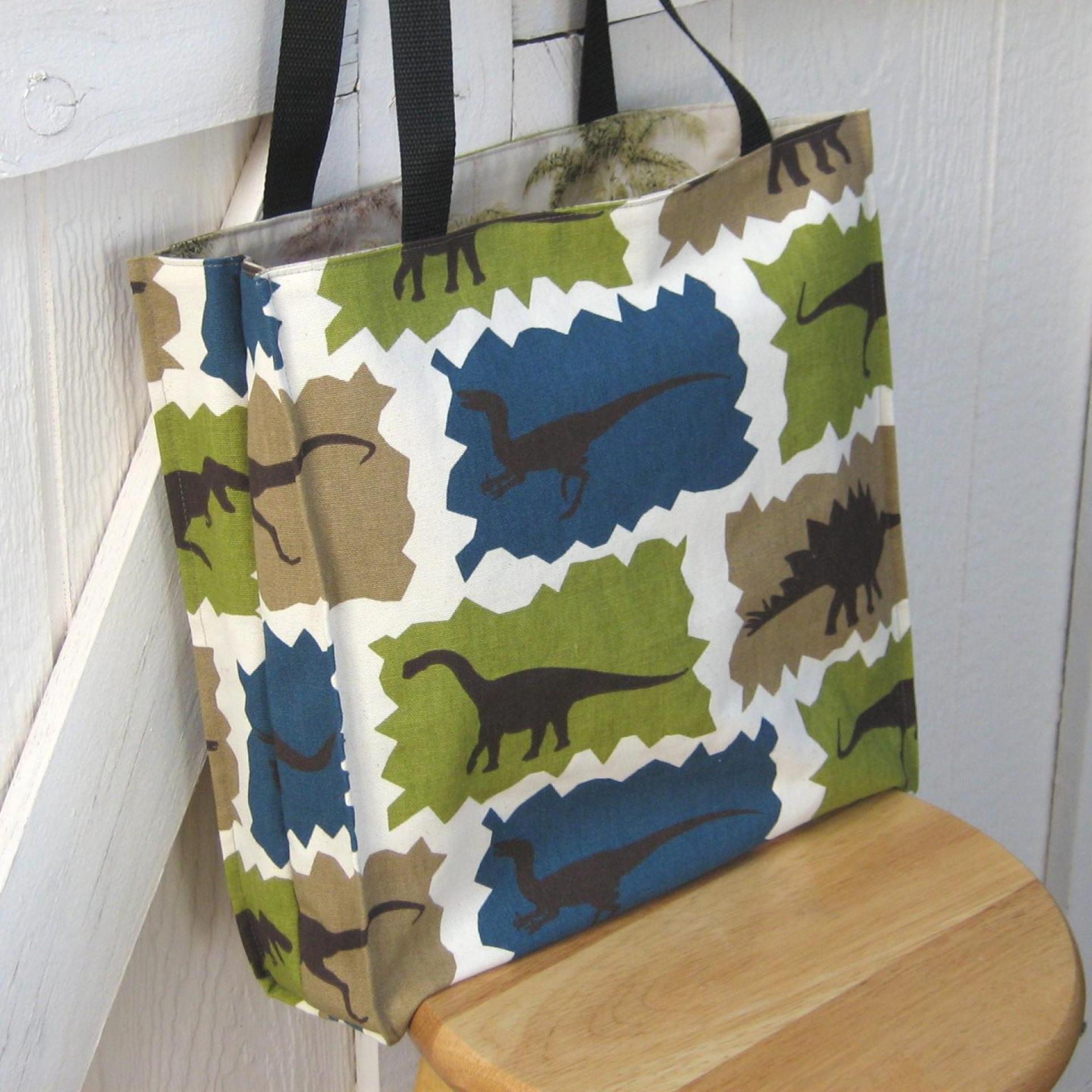 Dinosaur Tote, Funky Lined Bag with Inside Pocket, Perfect for Groceries, Books and Travel, Green, Teal & Taupe Cotton Bag, Handcrafted in New Mexico