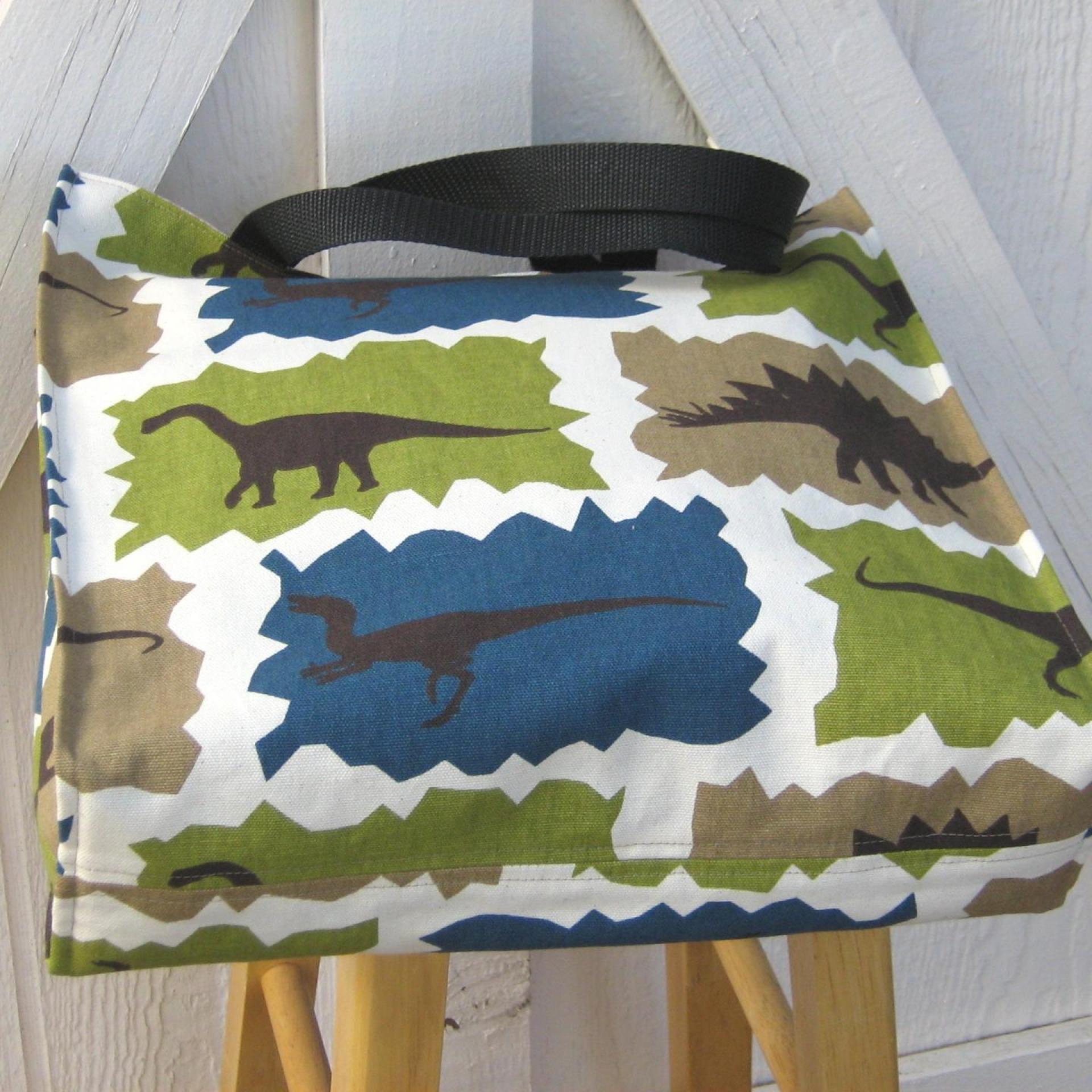 Dinosaur Tote, Funky Lined Bag with Inside Pocket, Perfect for Groceries, Books and Travel, Green, Teal & Taupe Cotton Bag, Handcrafted in New Mexico