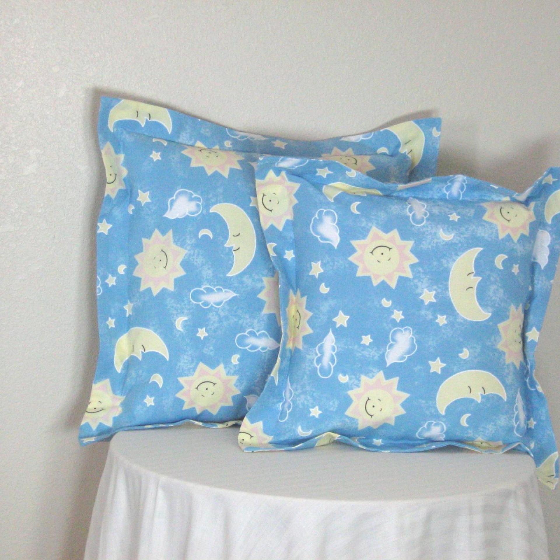 Sky Blue Pillow Covers for Nursery Décor, New Baby or Shower Gift, Yellow Suns, Moons and Stars on Blue Cotton, Set of two Covers